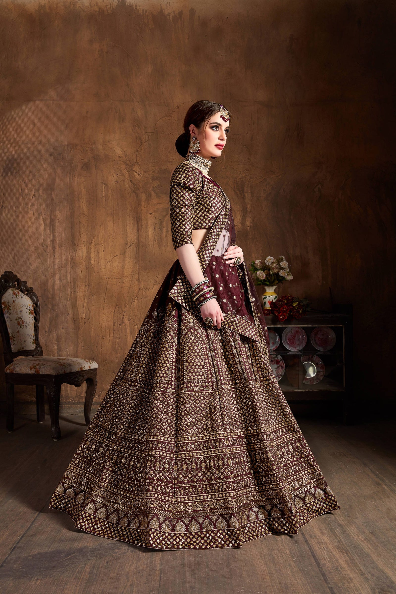 Maroon Royal Raw Silk Embroidered Lehenga Choli Set