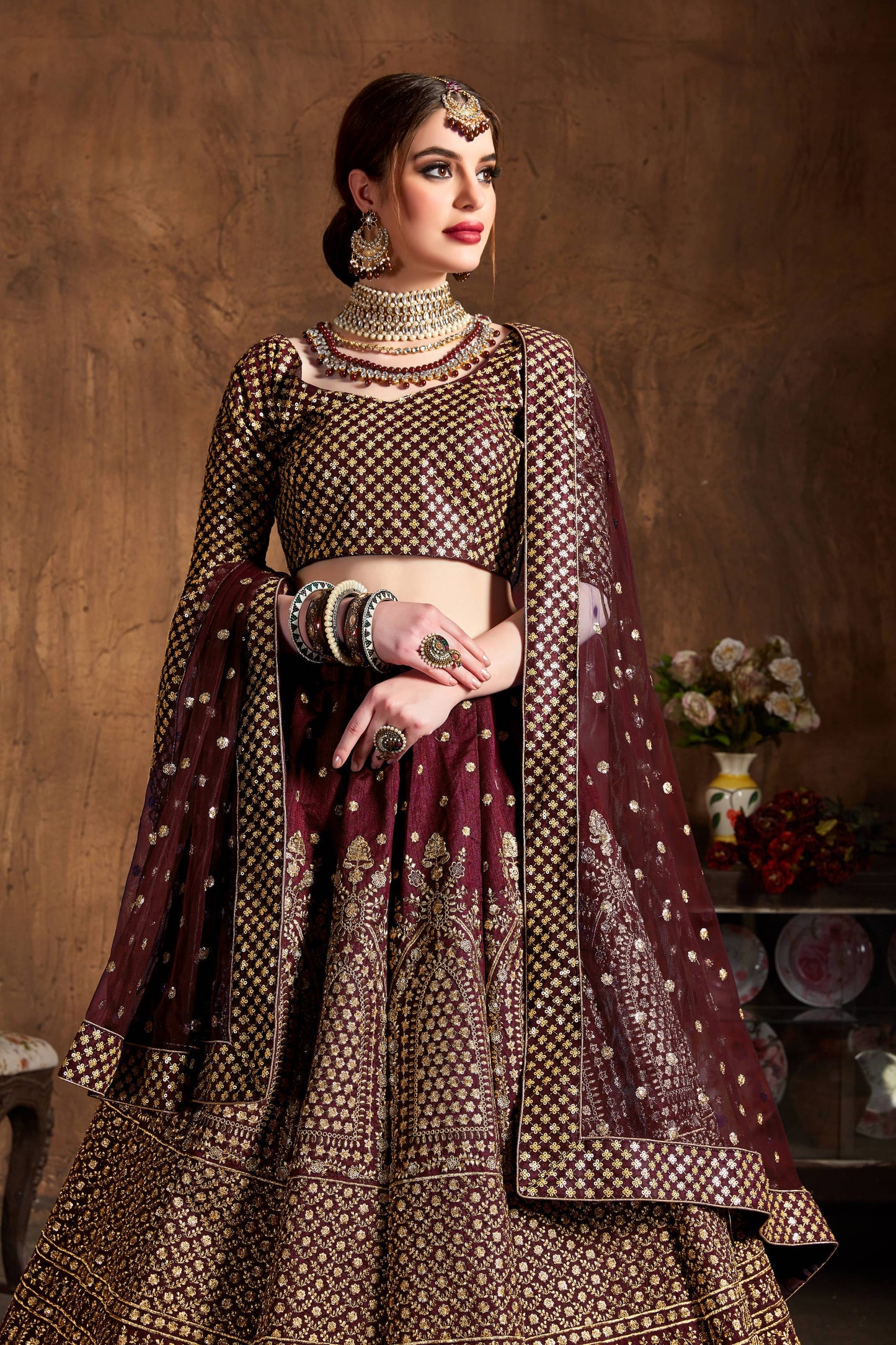 Maroon Royal Raw Silk Embroidered Lehenga Choli Set