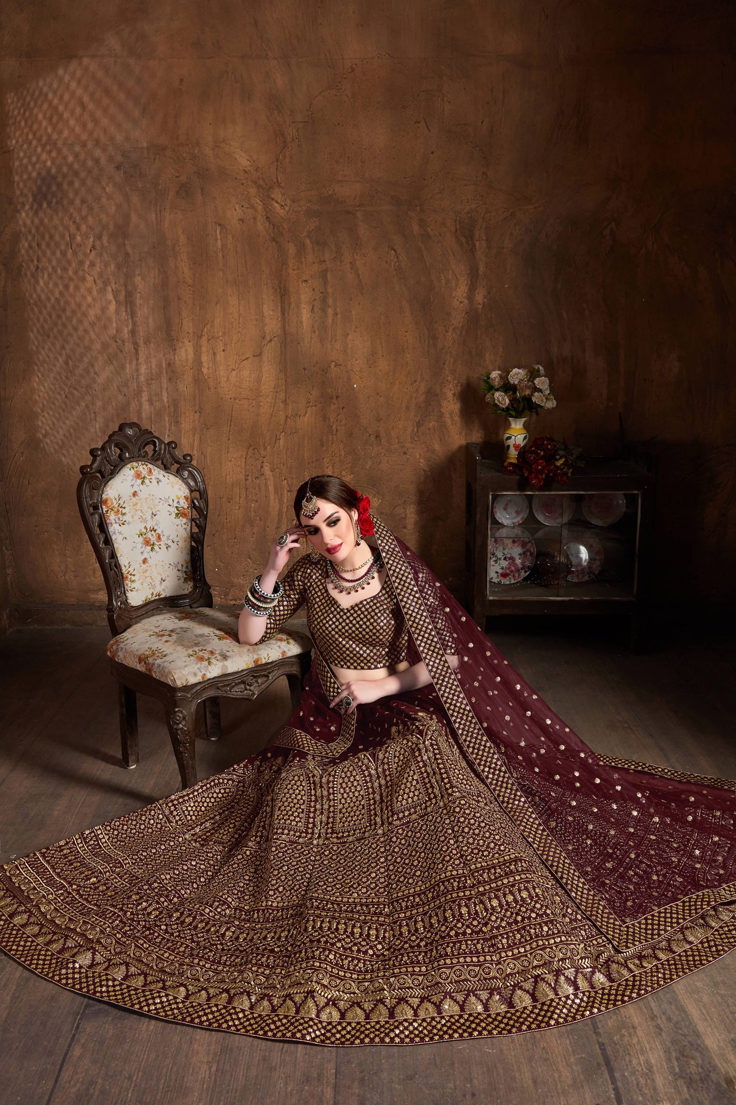 Crimson Raw Silk Zari Embroidered Lehenga Choli Set