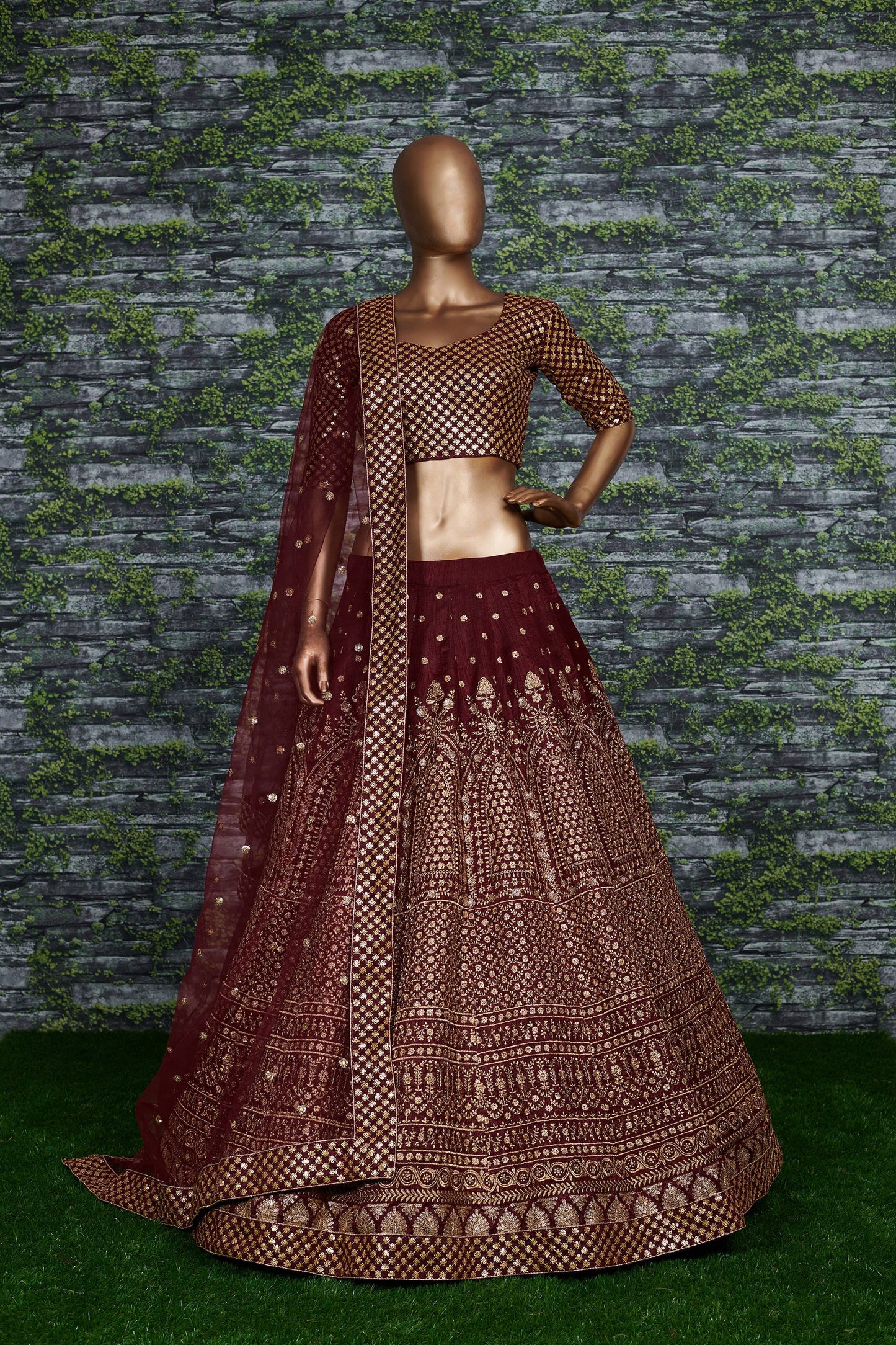Maroon Royal Raw Silk Embroidered Lehenga Choli Set