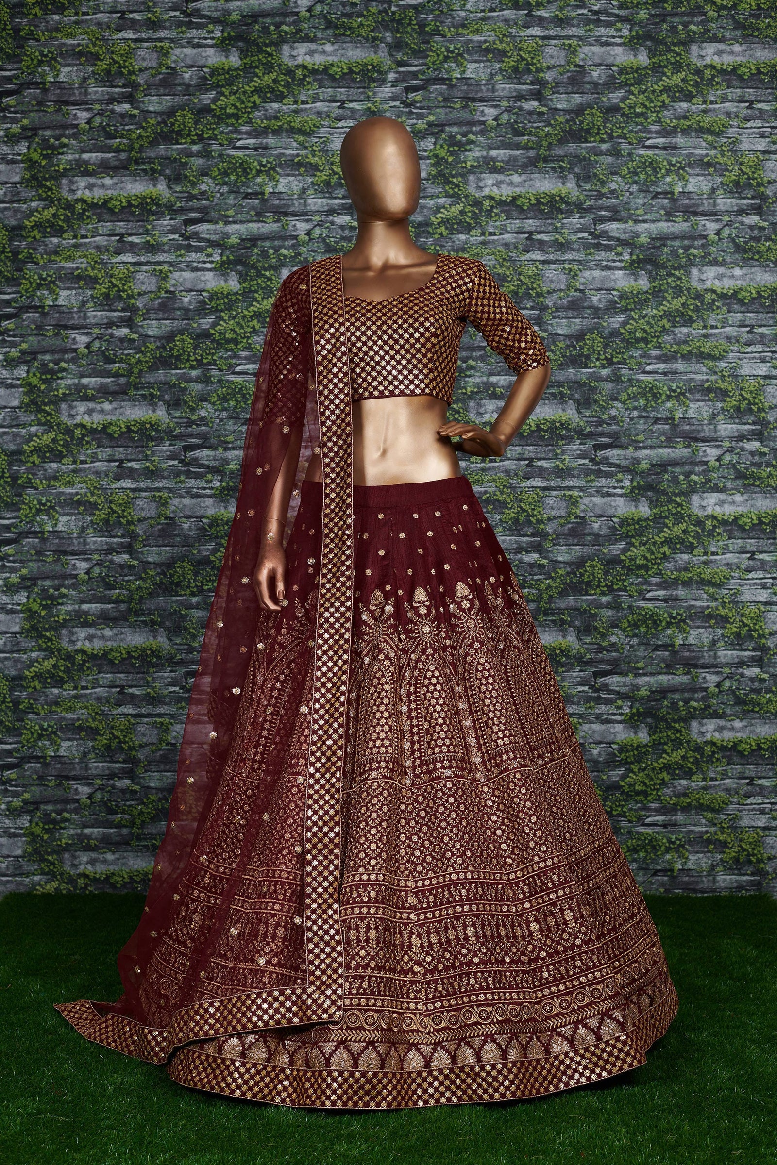 Maroon Royal Raw Silk Embroidered Lehenga Choli Set