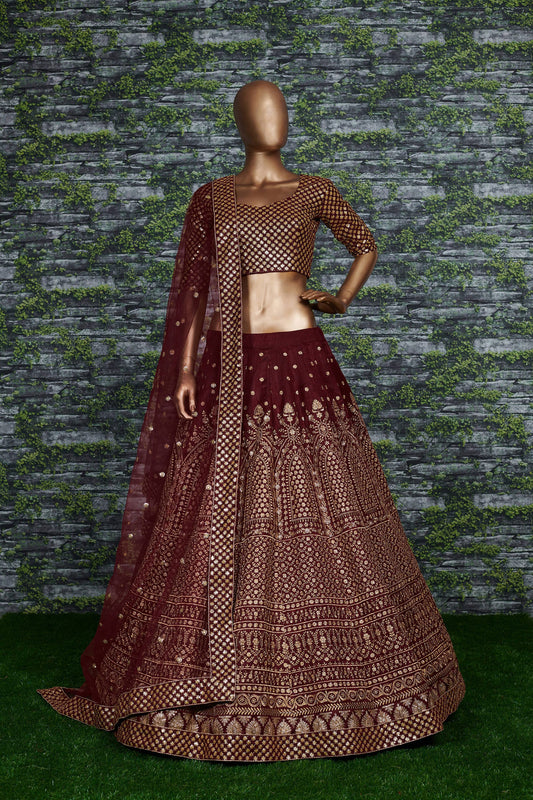 Maroon Royal Raw Silk Embroidered Lehenga Choli Set