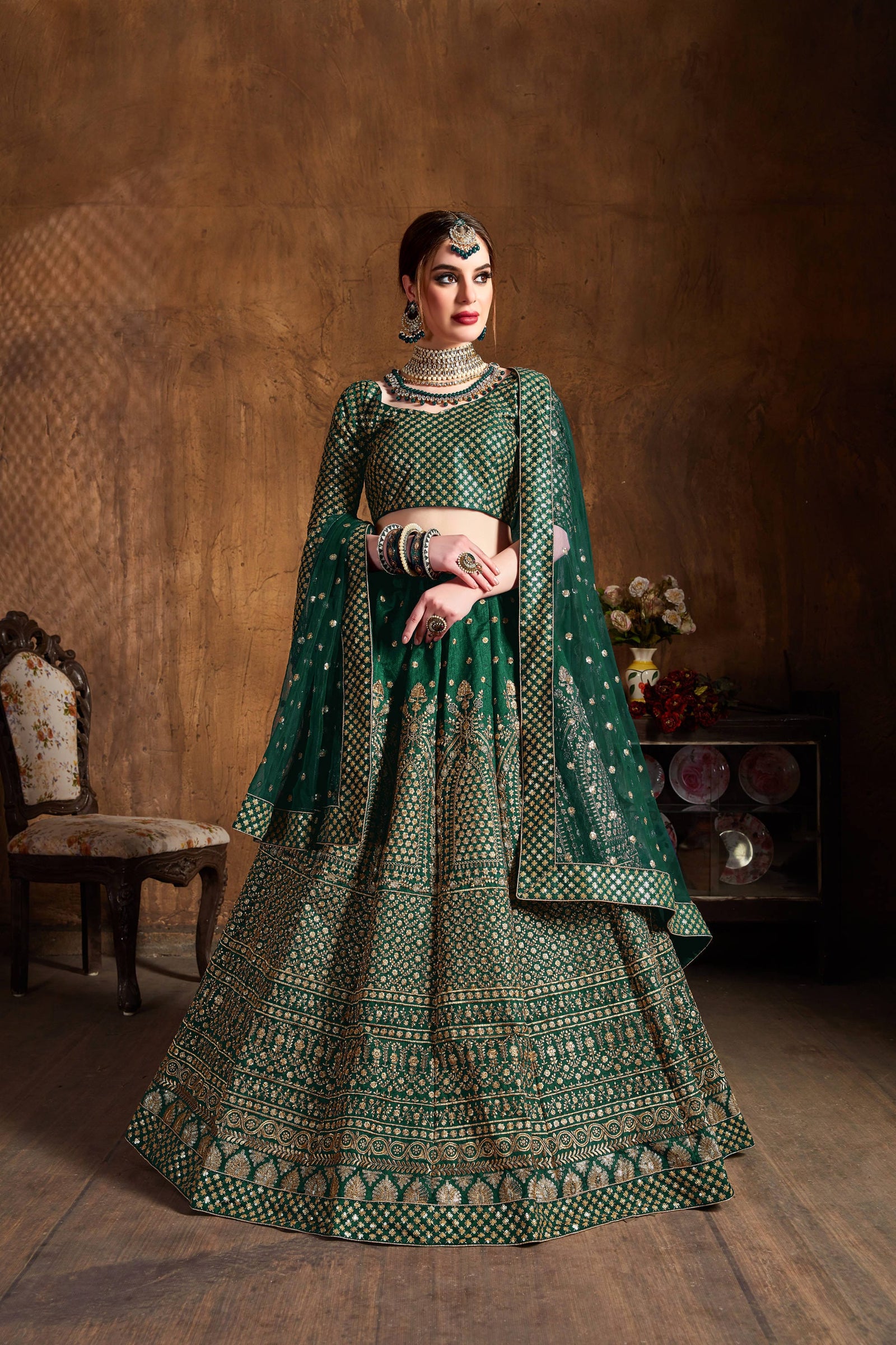 Emerald Green Raw Silk Zari Embroidered Lehenga Choli Set