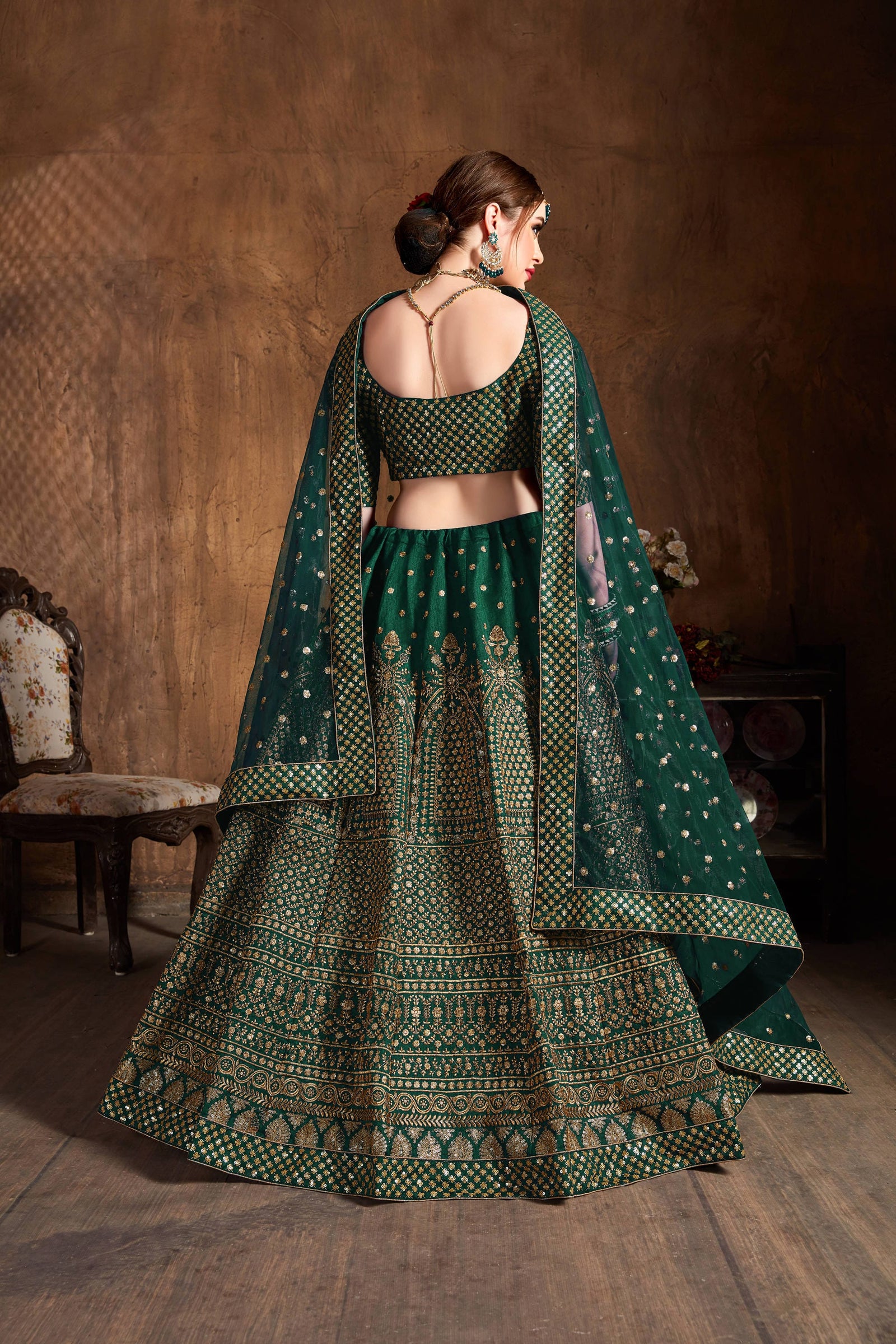 Emerald Green Raw Silk Zari Embroidered Lehenga Choli Set