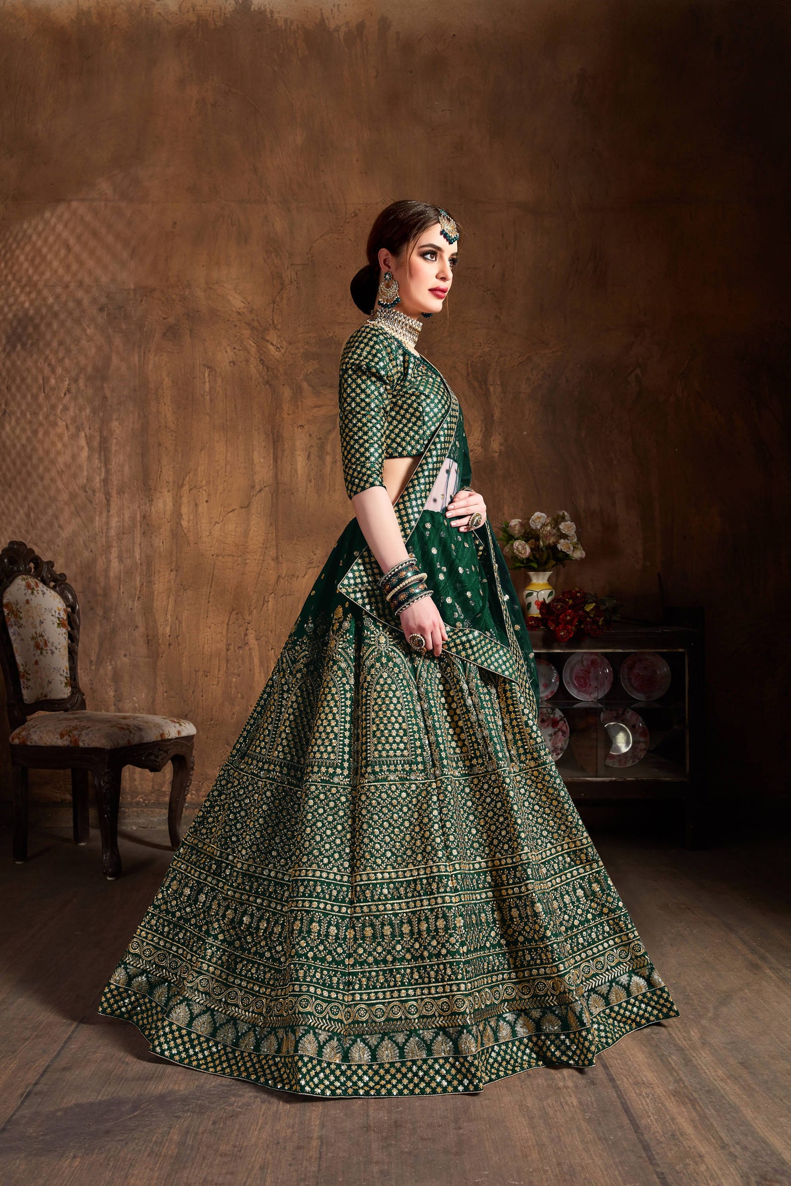 Emerald Green Raw Silk Bridal Lehenga Set