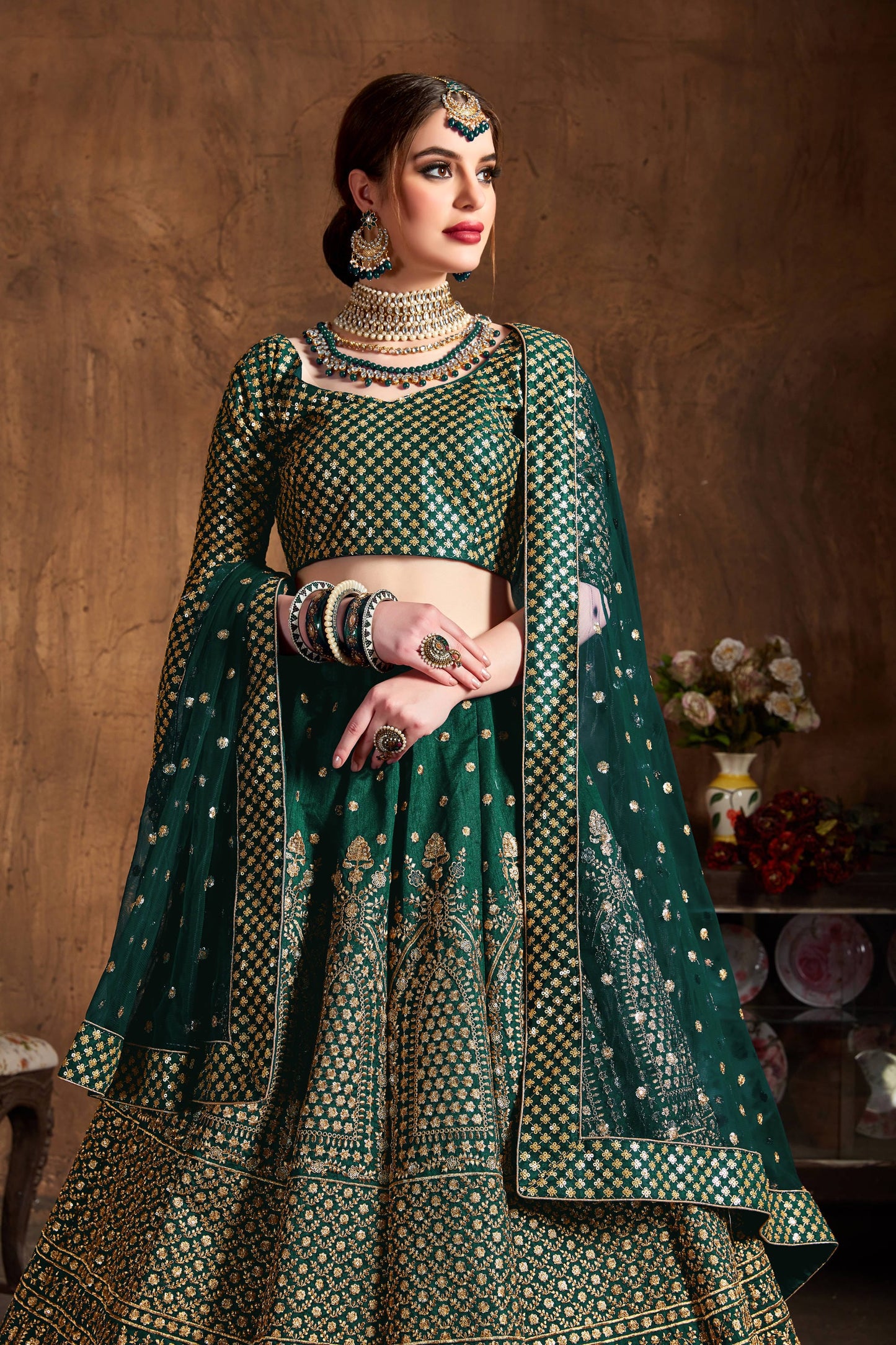 Emerald Green Raw Silk Bridal Lehenga Set