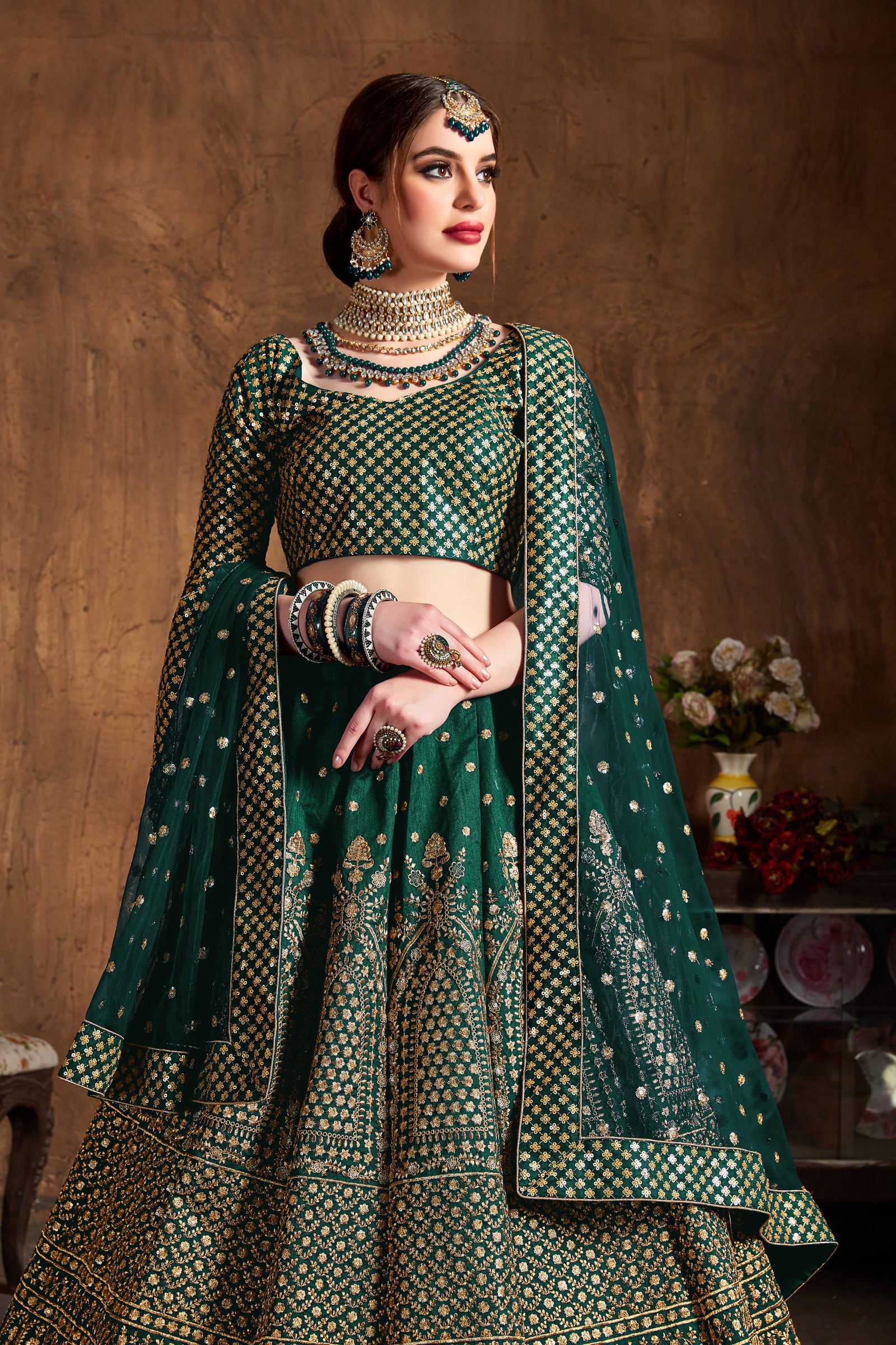 Emerald Green Raw Silk Bridal Lehenga Set