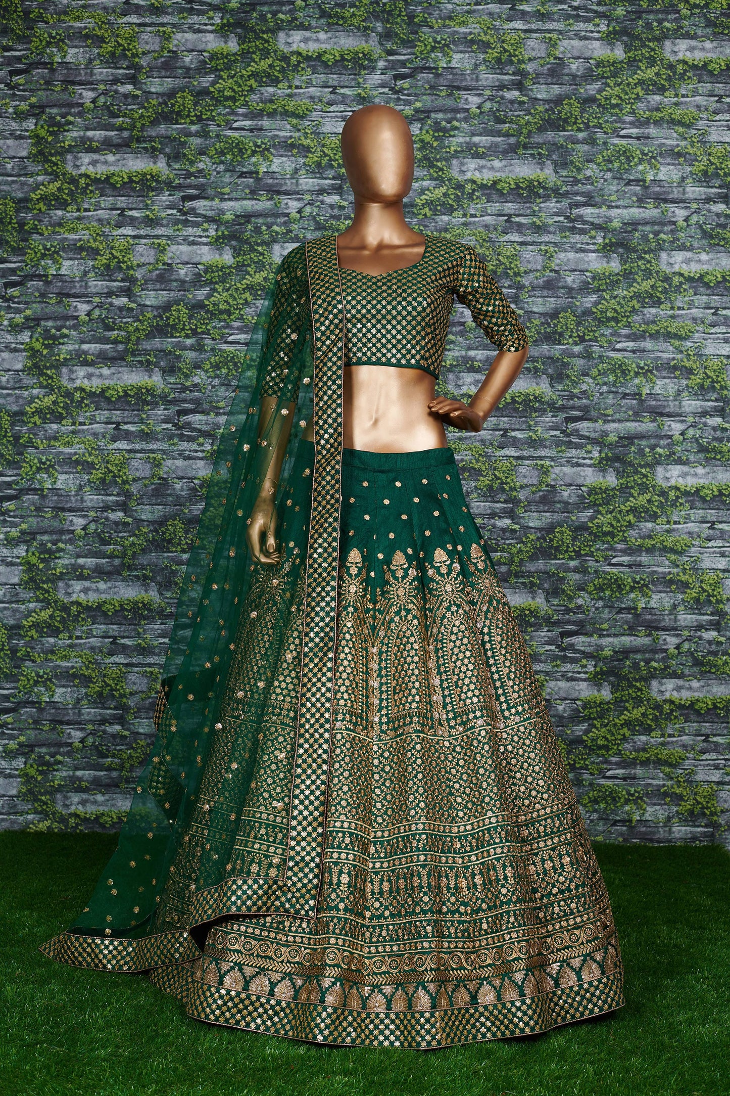Emerald Green Raw Silk Bridal Lehenga Set