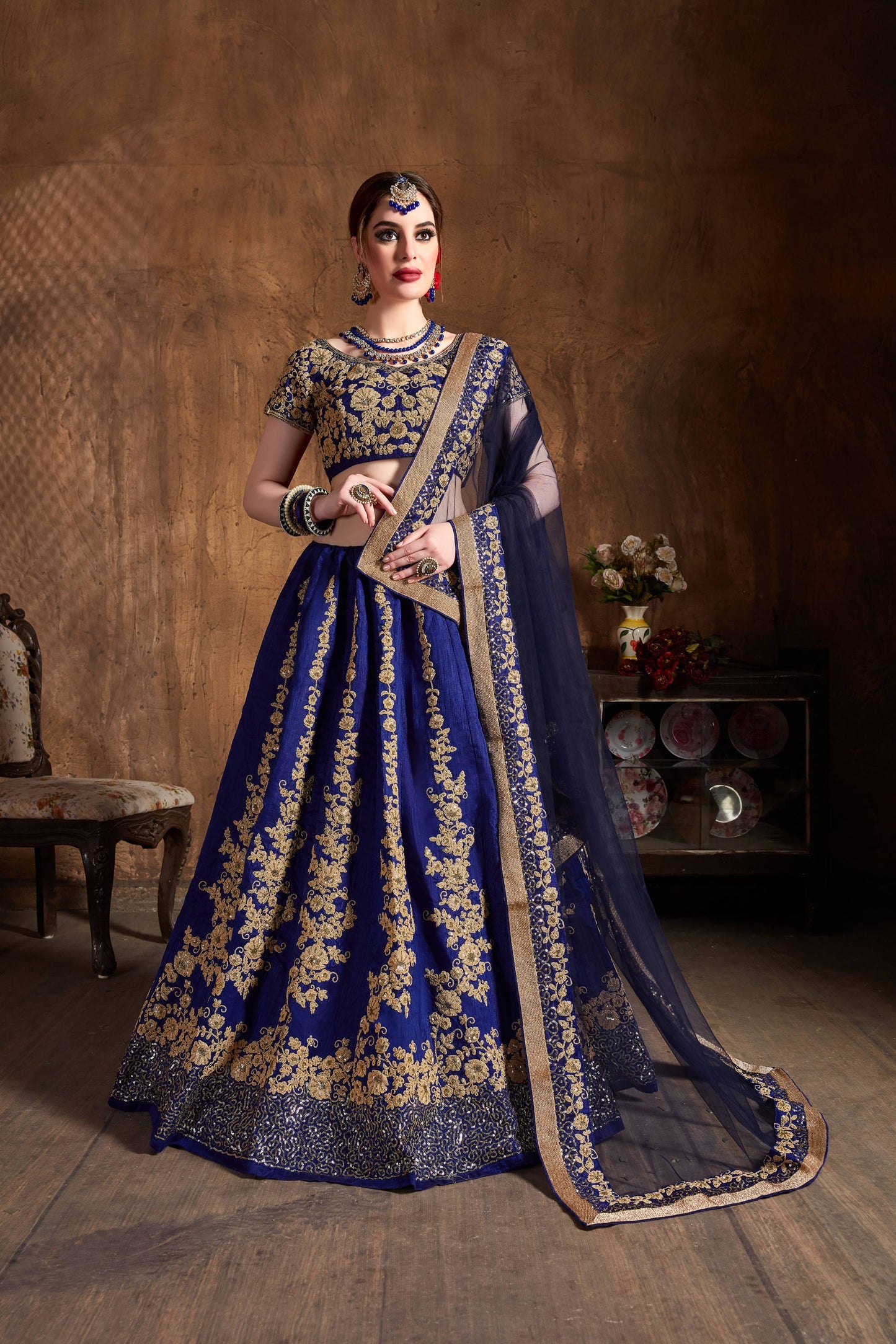 Ink Blue Raw Silk Embroidered Lehenga Choli Set