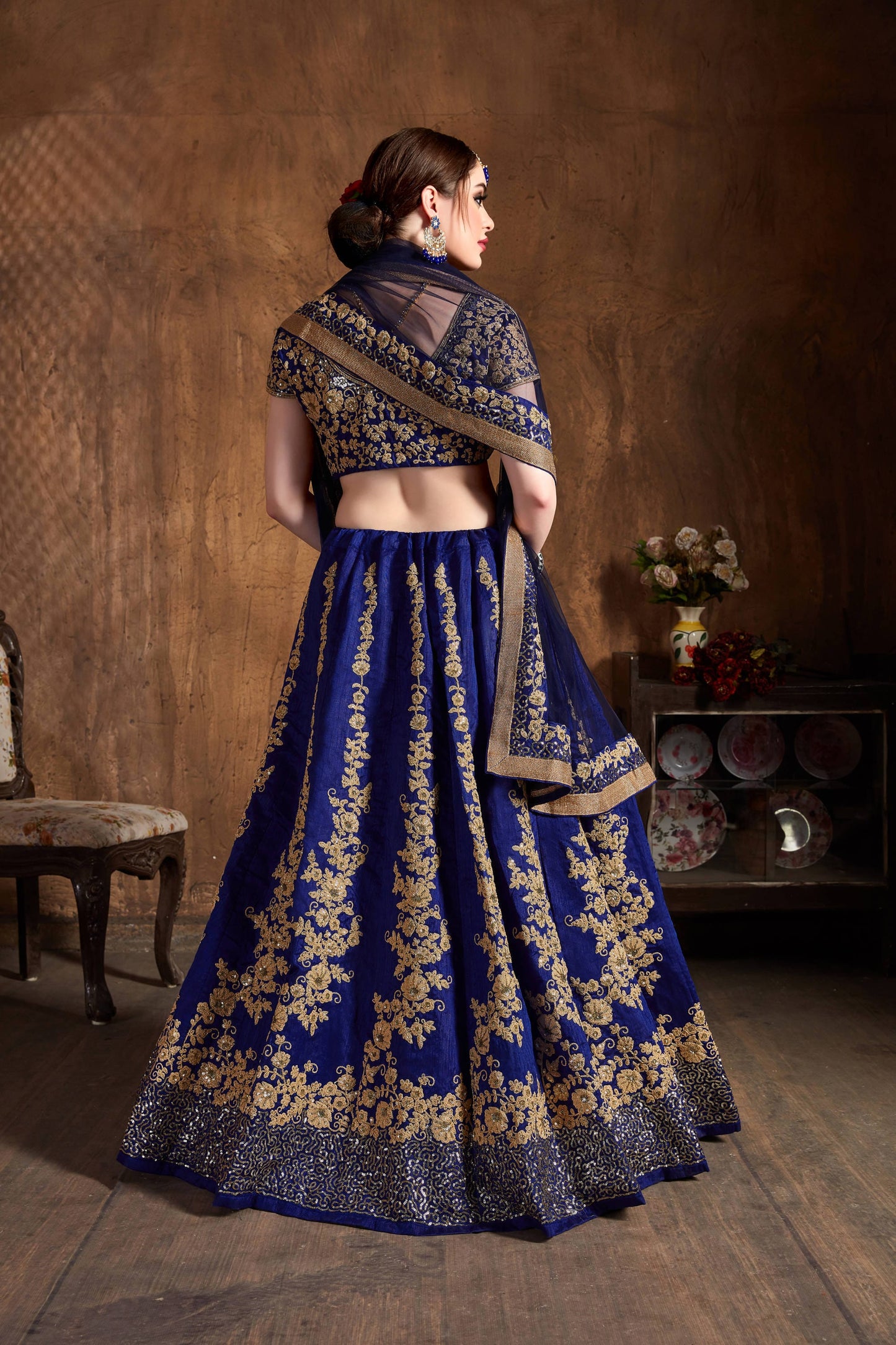 Ink Blue Raw Silk Embroidered Lehenga Choli Set