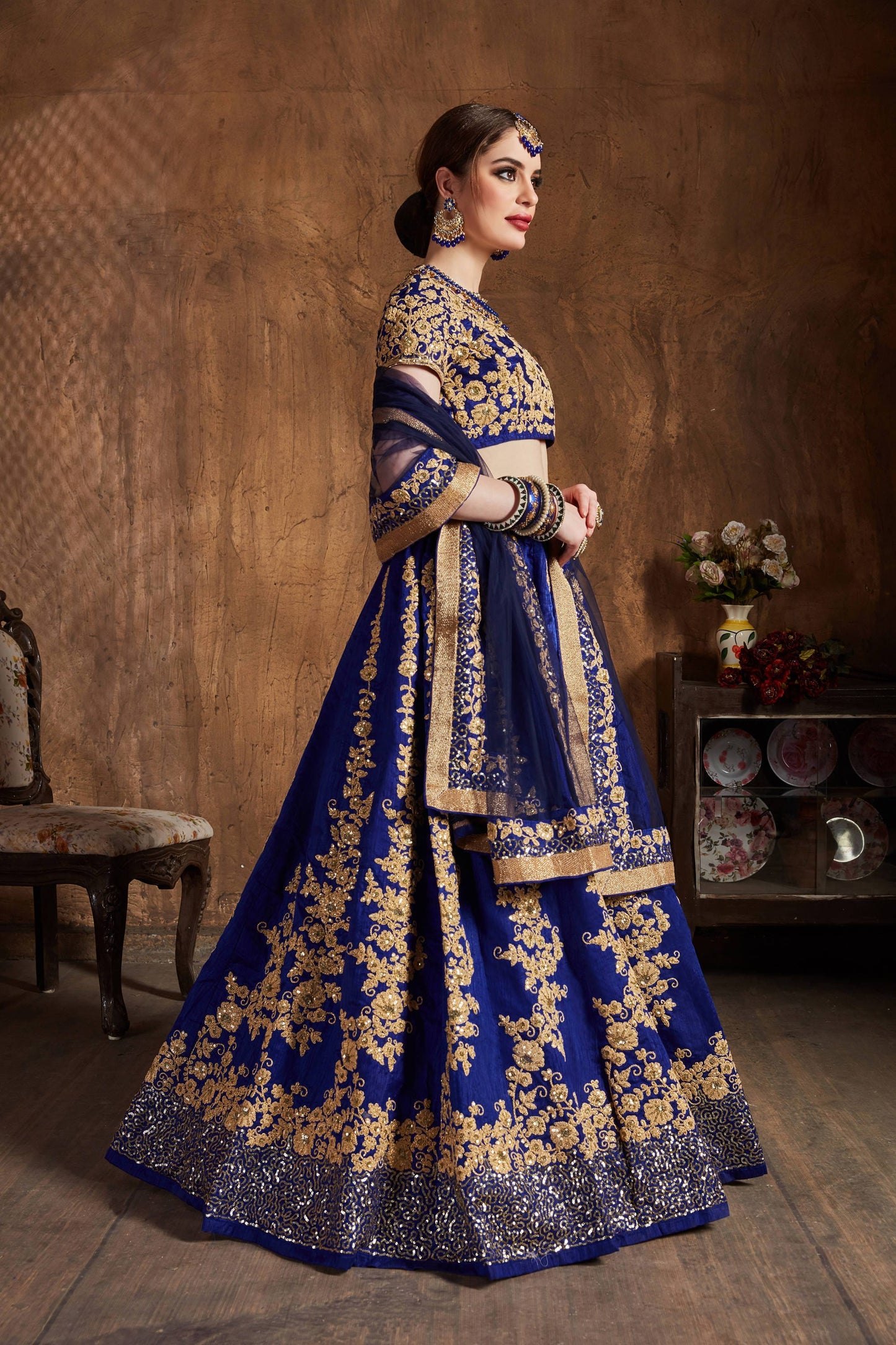 Ink Blue Raw Silk Embroidered Lehenga Choli Set