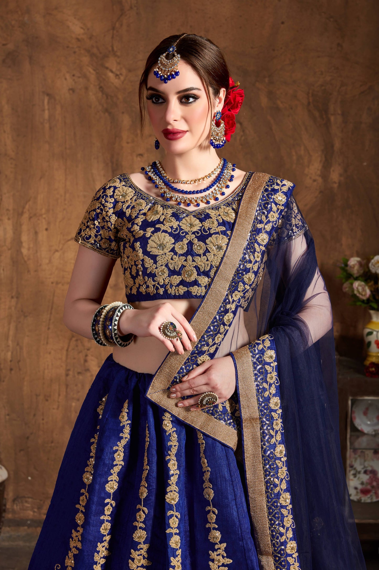 Ink Blue Raw Silk Embroidered Lehenga Choli Set