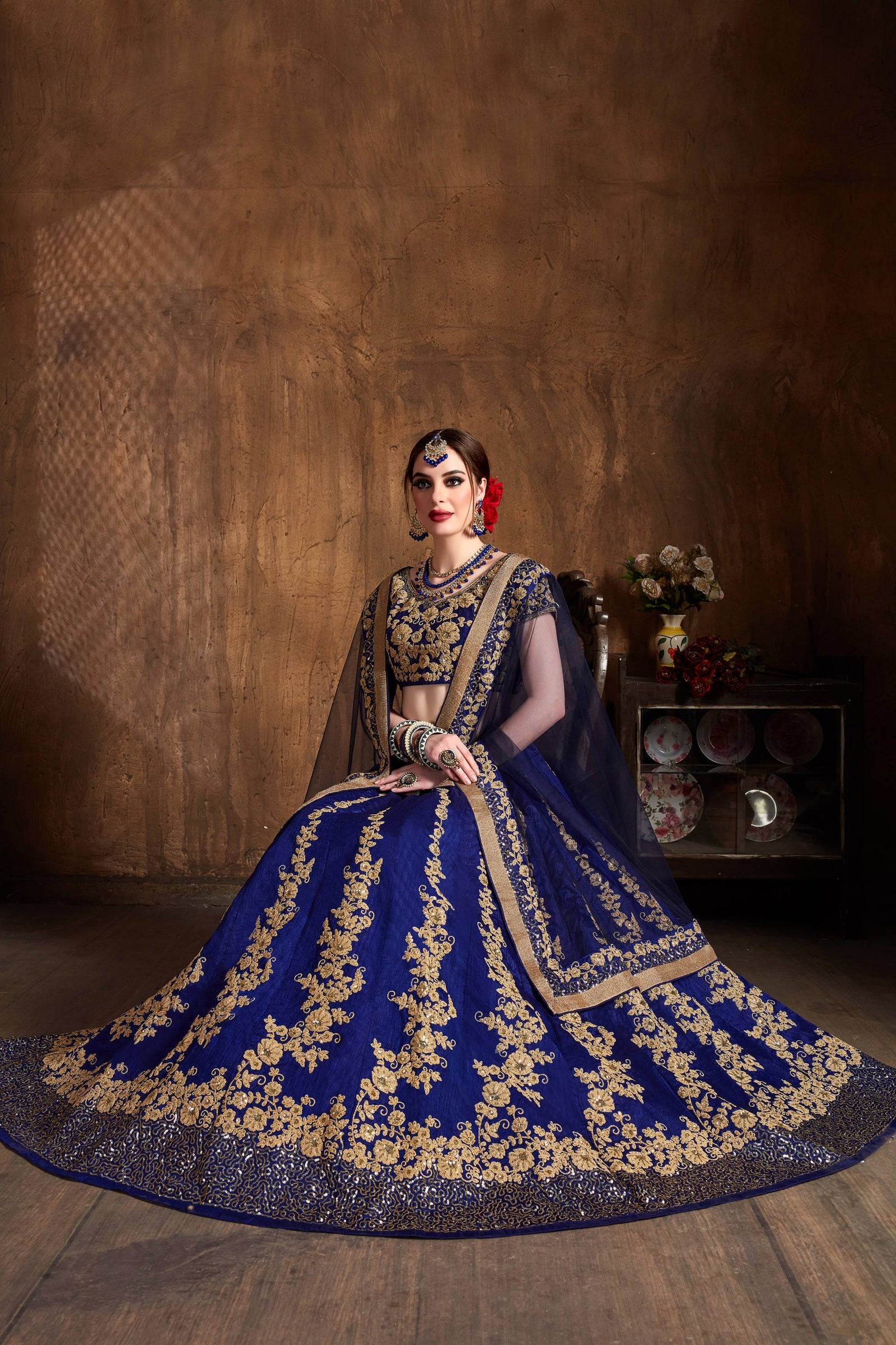 Ink Blue Raw Silk Embroidered Lehenga Choli Set