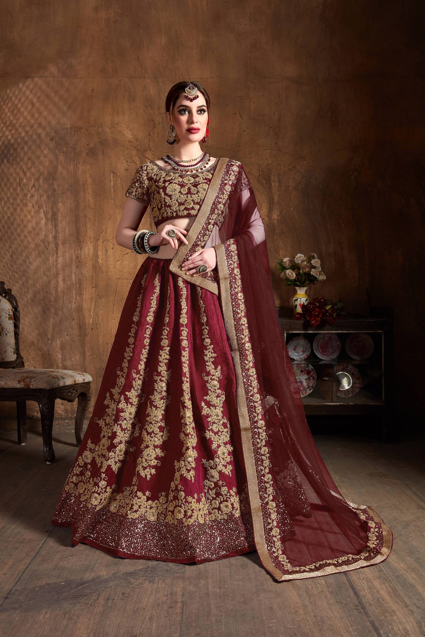 Oxblood Raw Silk Embroidered Lehenga Choli Set