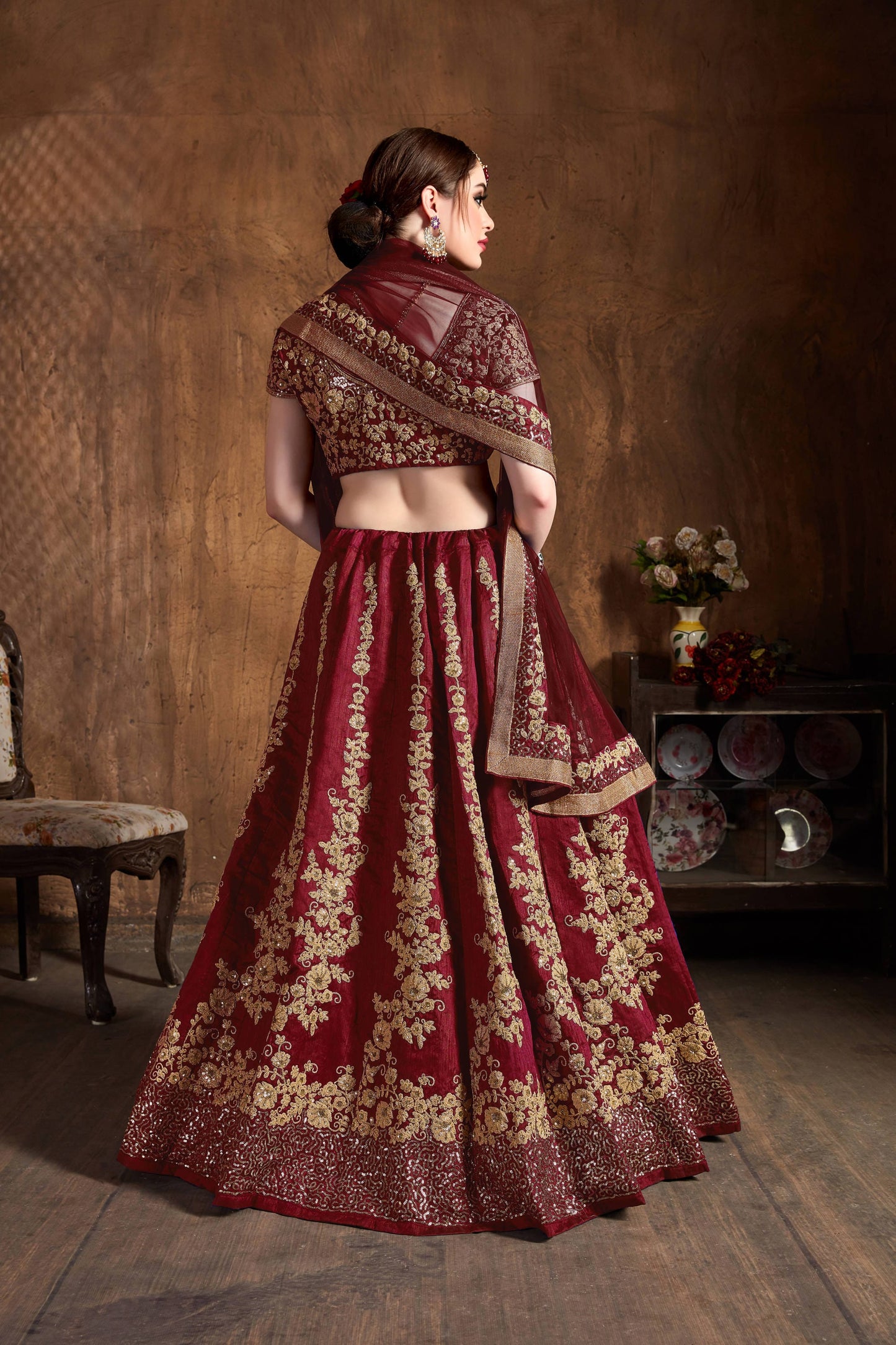 Oxblood Raw Silk Embroidered Lehenga Choli Set