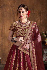 Oxblood Raw Silk Embroidered Lehenga Choli Set