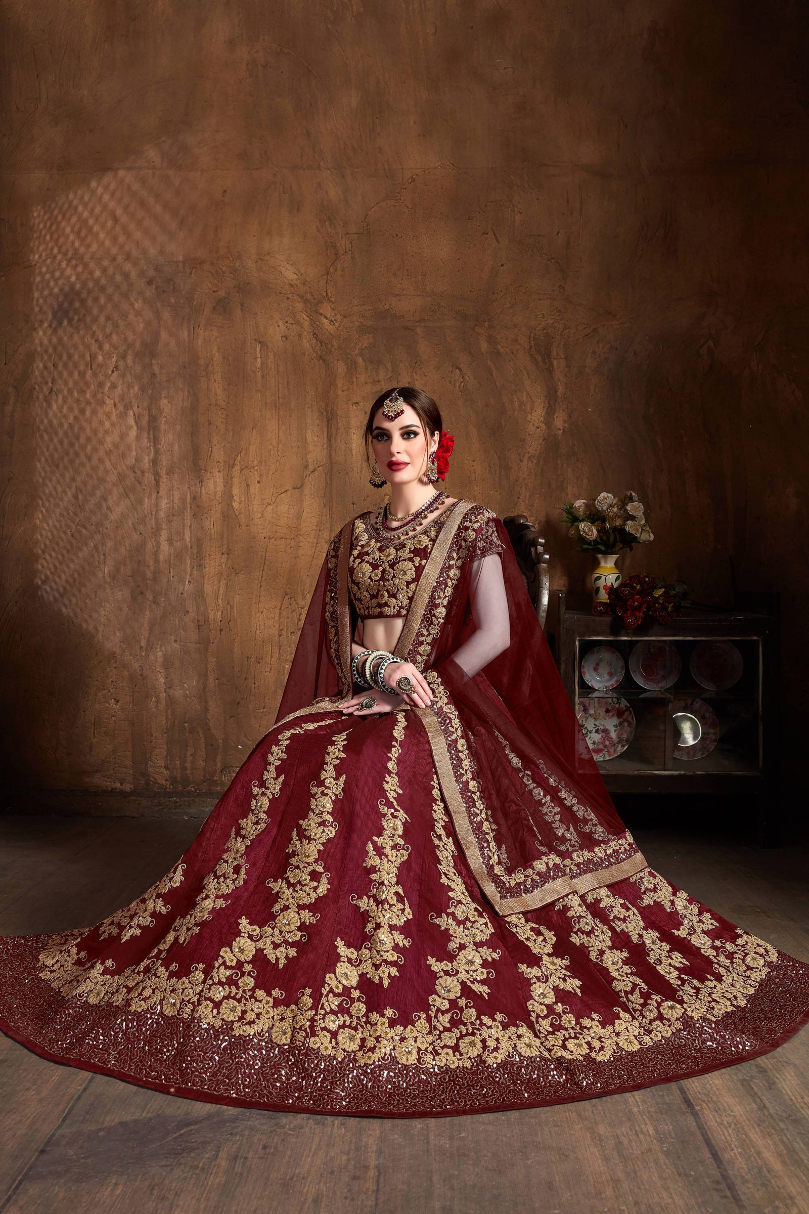 Oxblood Raw Silk Embroidered Lehenga Choli Set