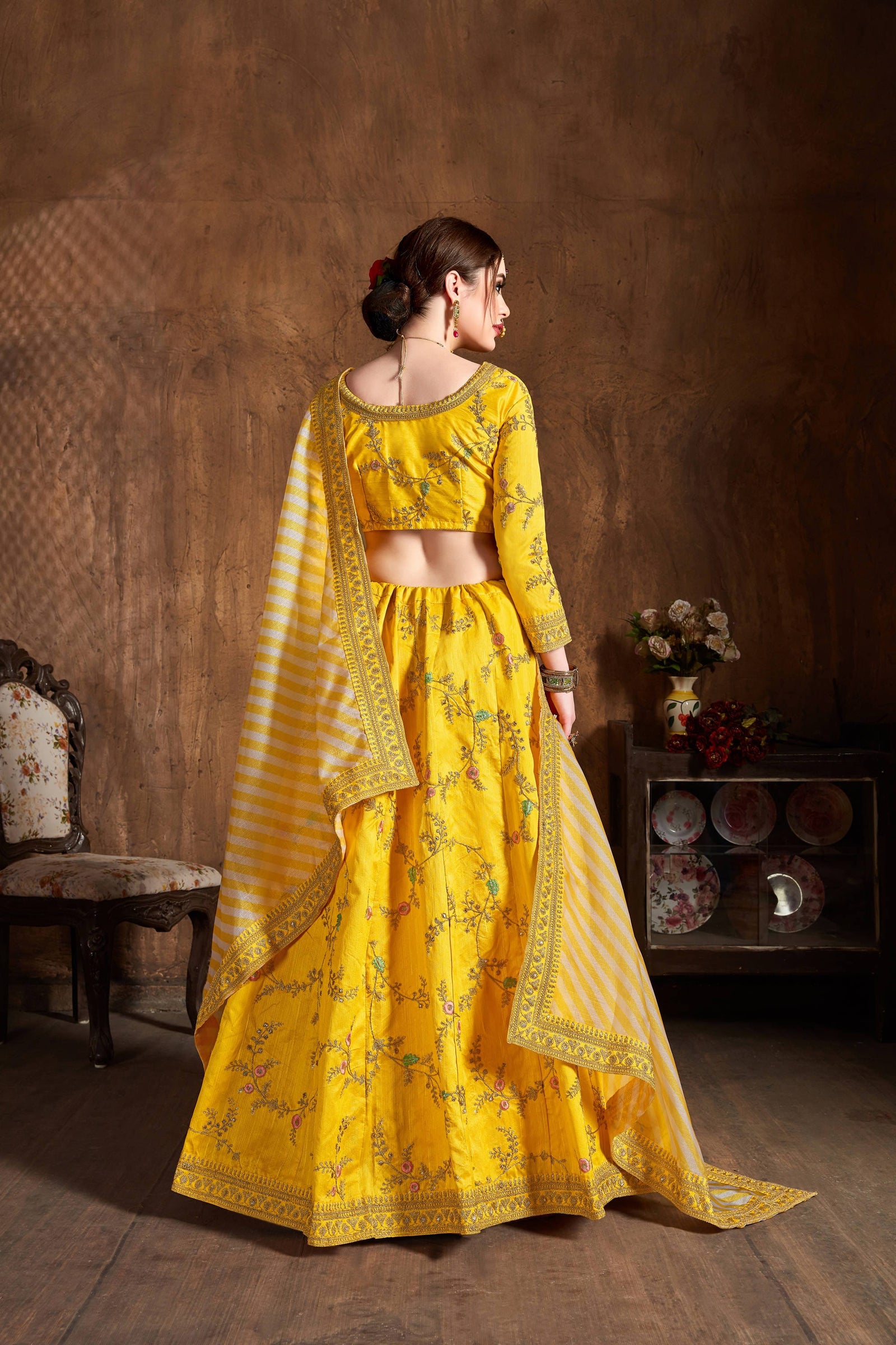 Yellow Mulberry Silk Embroidered Lehenga Choli Set