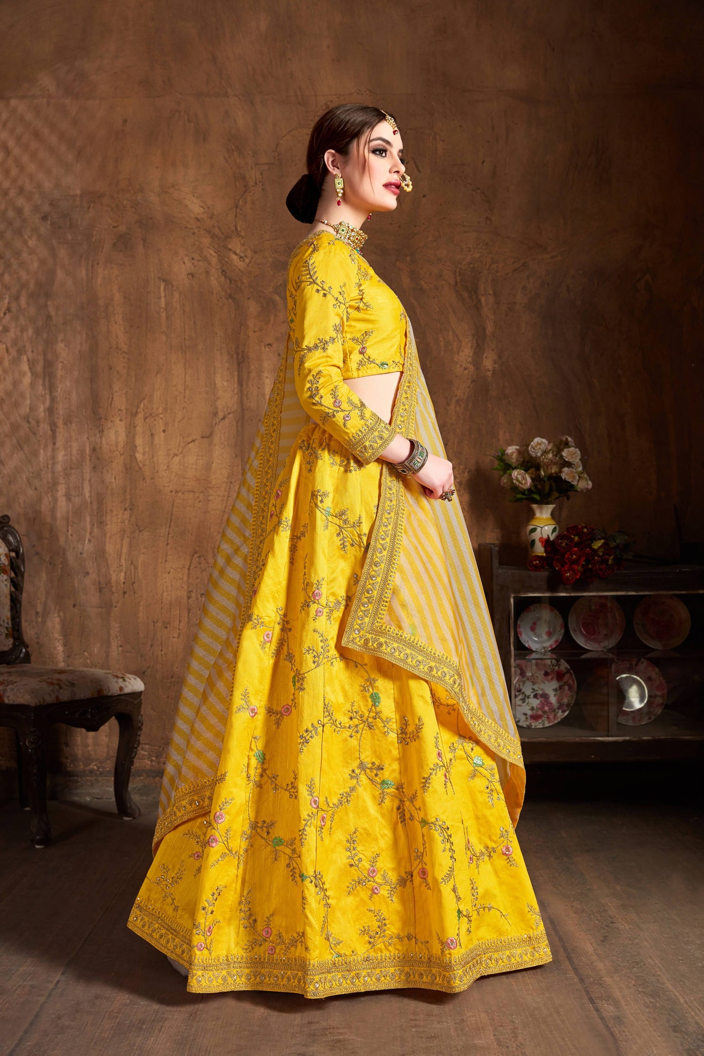 Yellow Mulberry Silk Embroidered Lehenga Choli Set