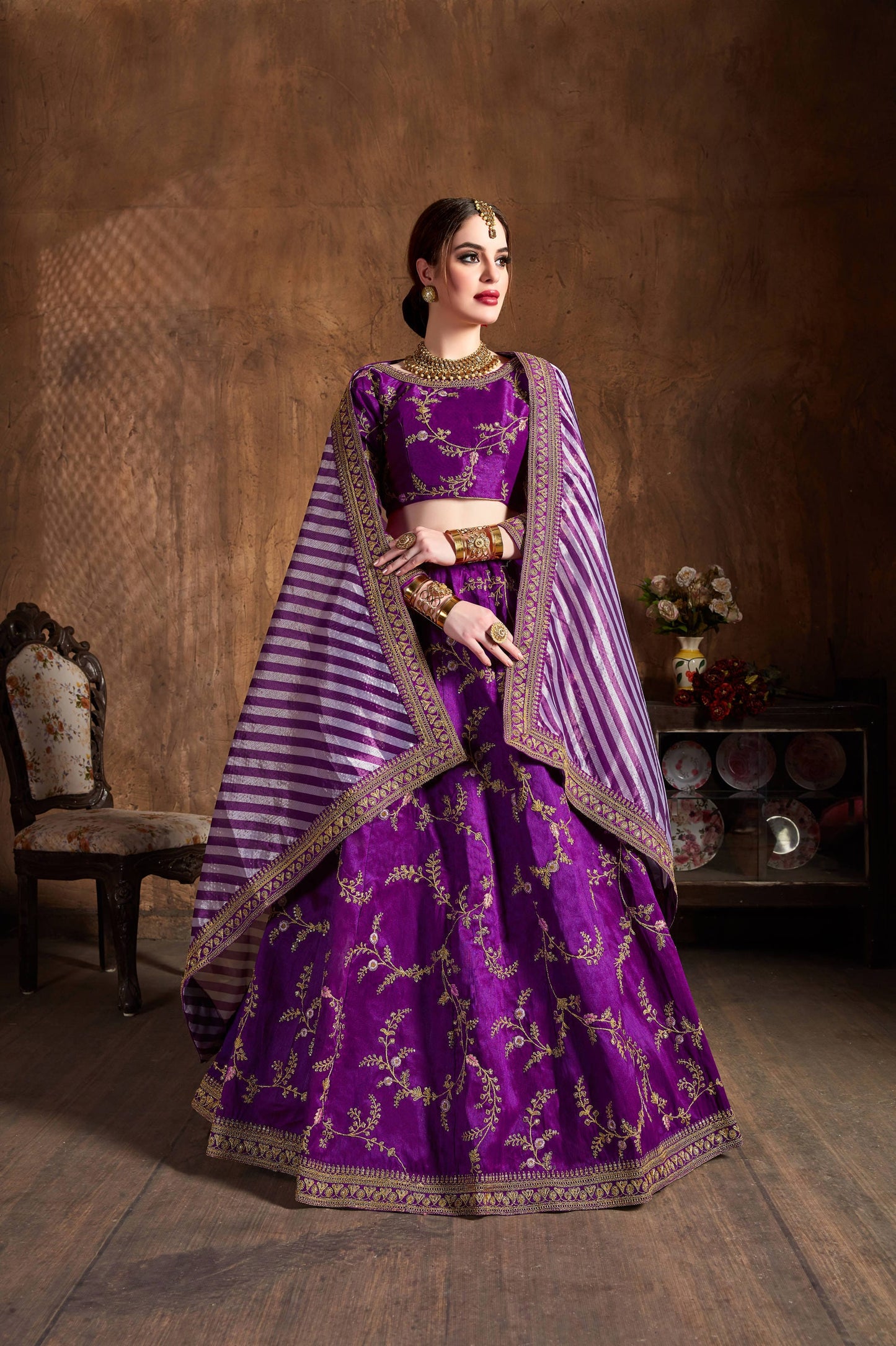 Royal Purple Mulberry Silk Embroidered Lehenga Choli Set