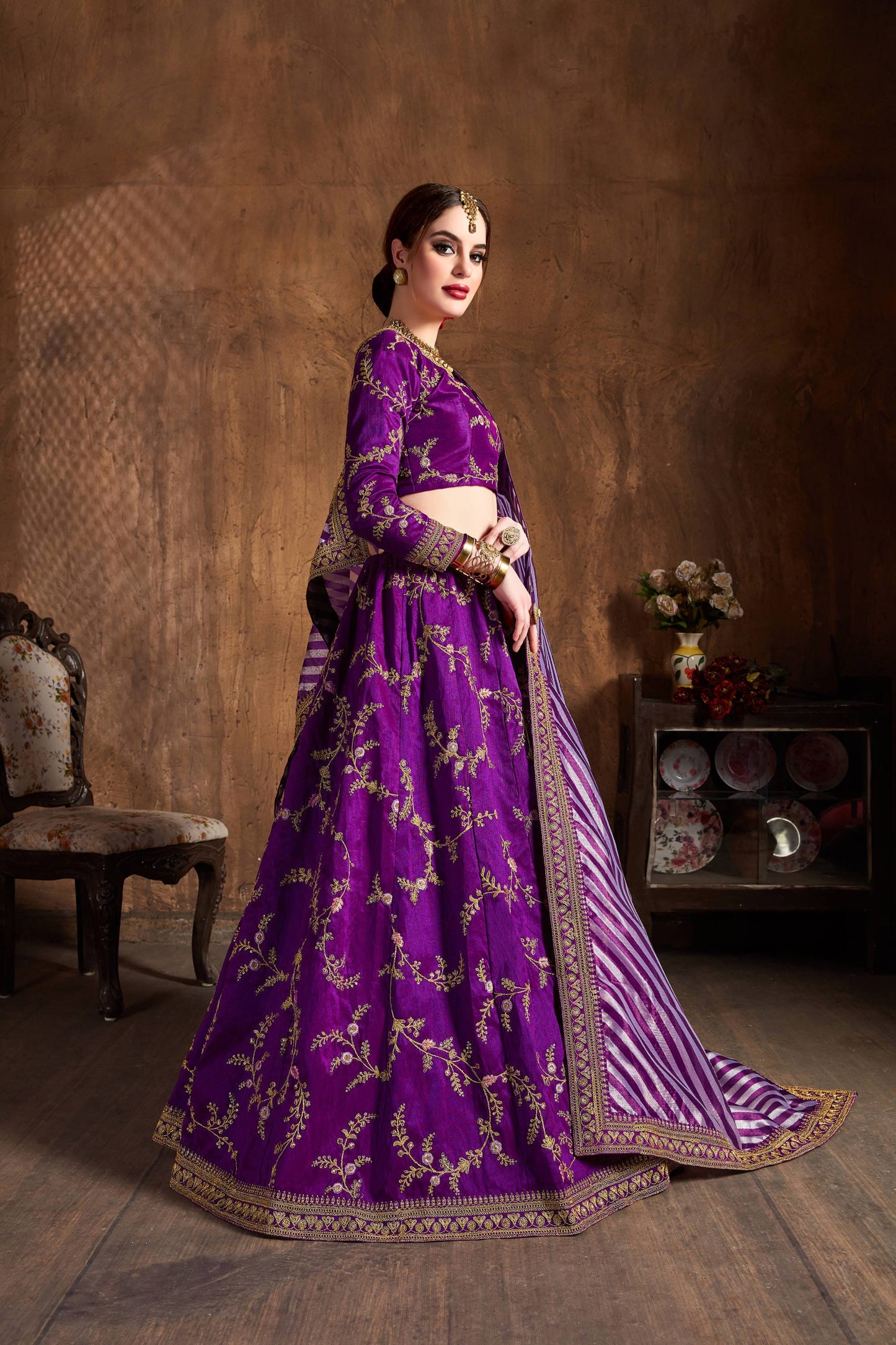 Royal Purple Mulberry Silk Embroidered Lehenga Choli Set