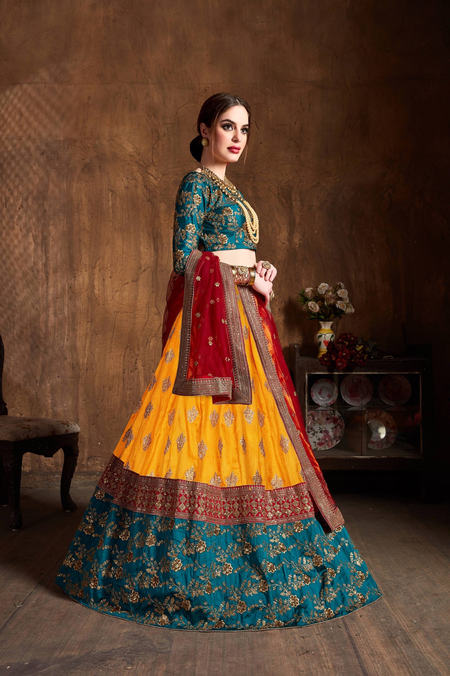 Yellow Banarasi Silk Embroidered Lehenga Choli Set