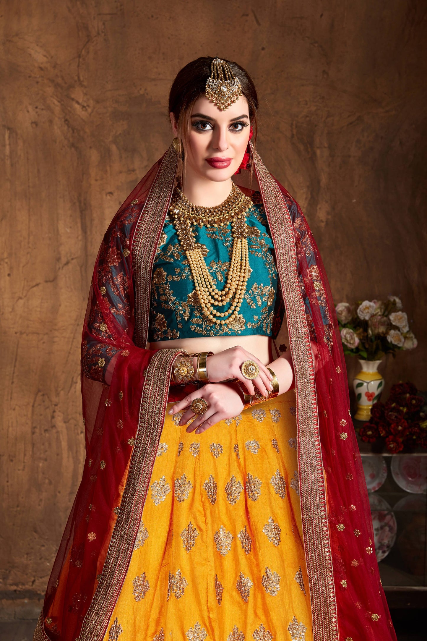 Yellow Banarasi Silk Embroidered Lehenga Choli Set