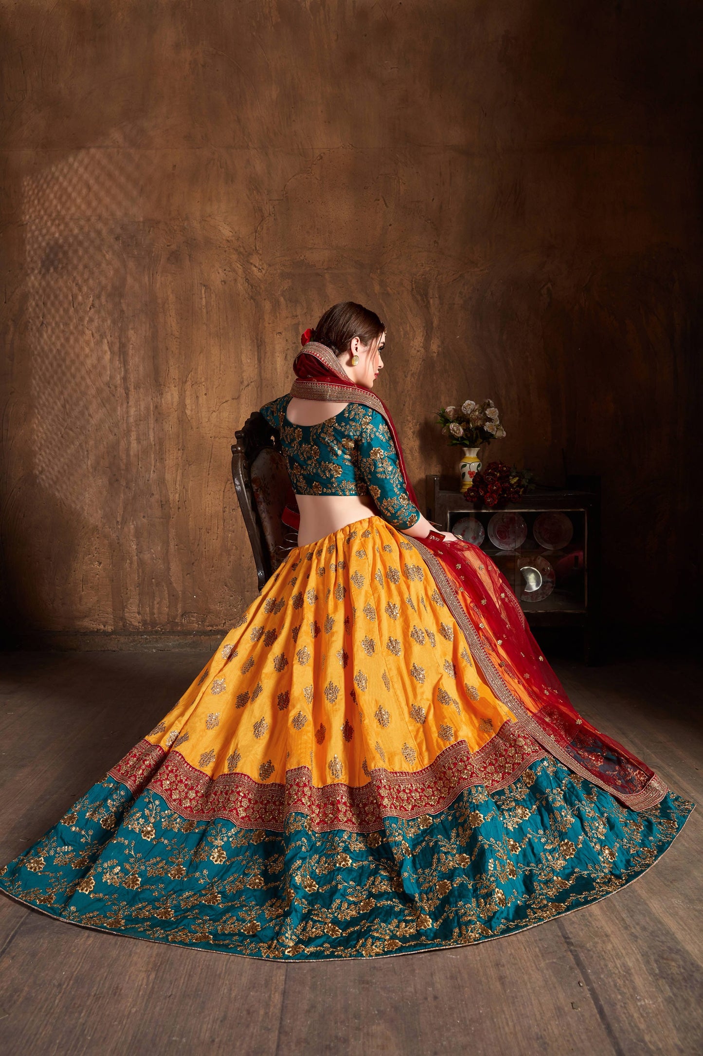 Yellow Banarasi Silk Embroidered Lehenga Choli Set