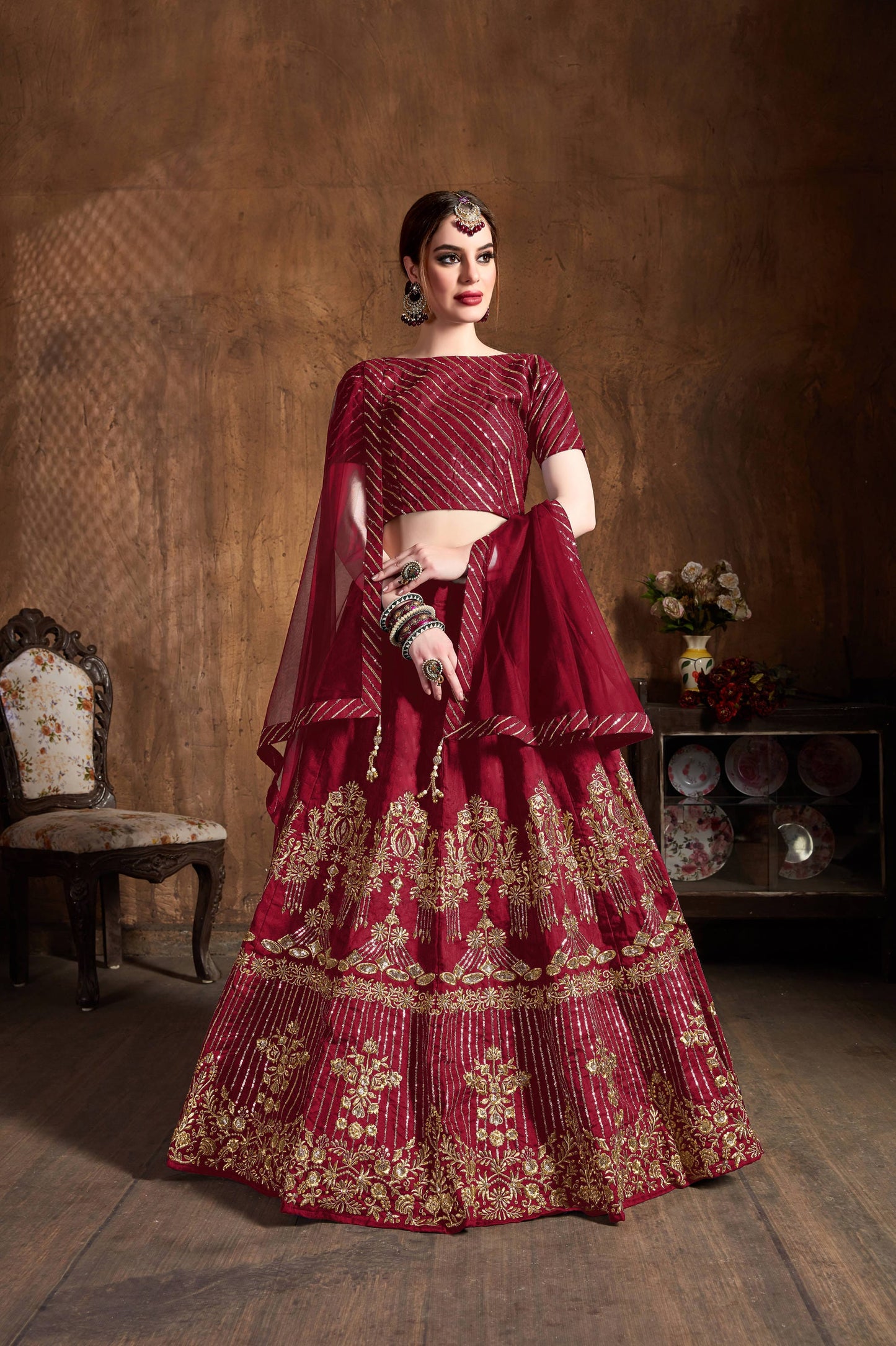 Ruby Red Art Silk Embroidered Lehenga Choli Set