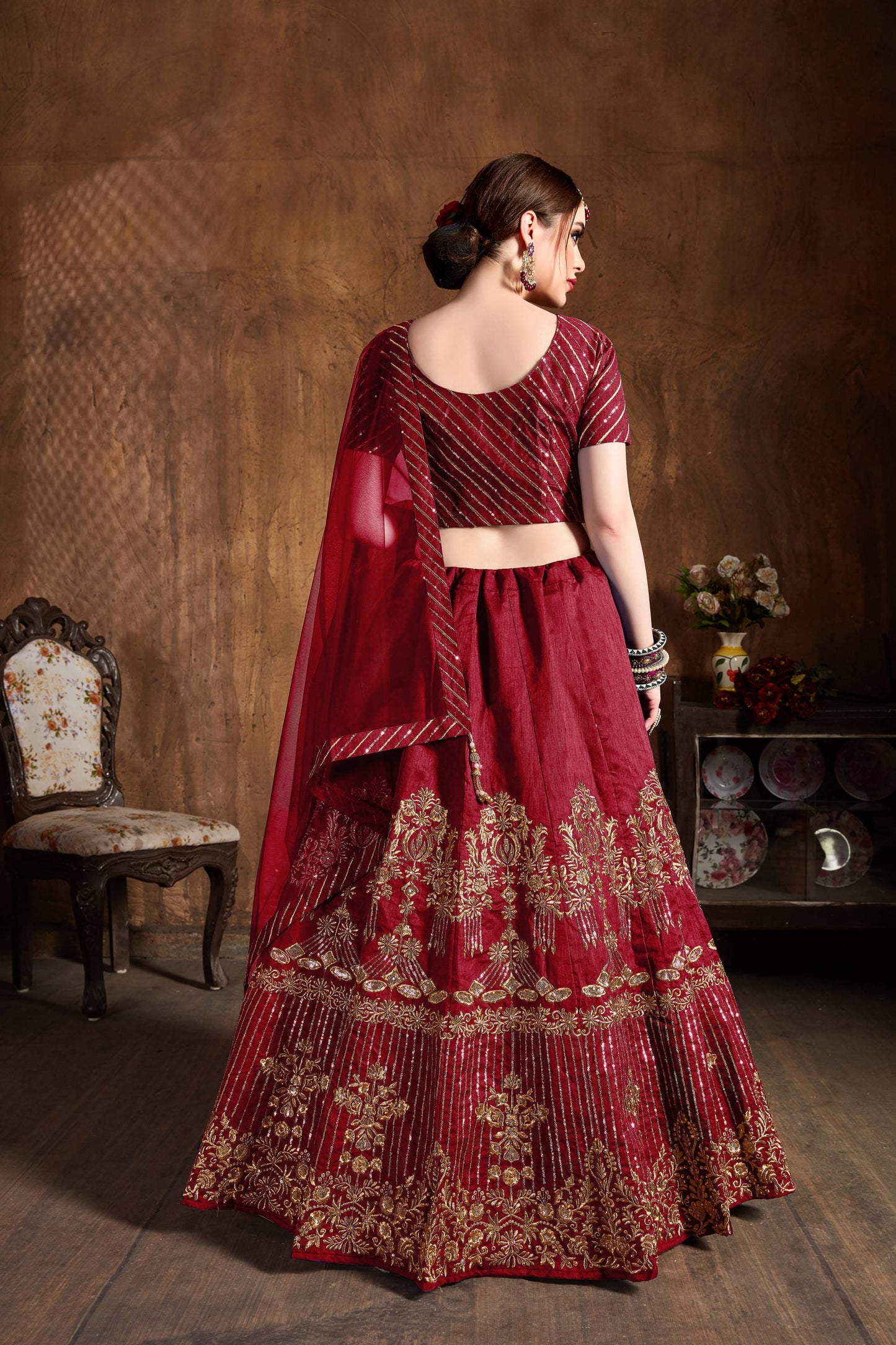 Ruby Red Art Silk Embroidered Lehenga Choli Set