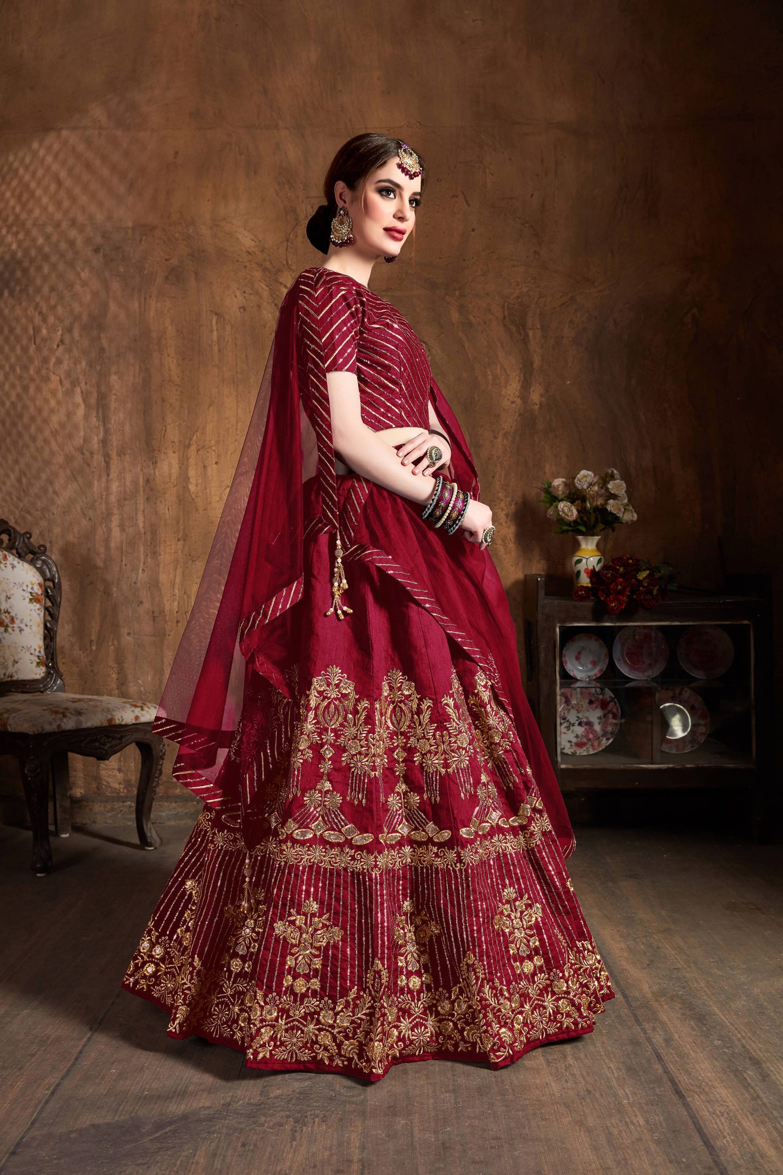Ruby Red Art Silk Embroidered Lehenga Choli Set