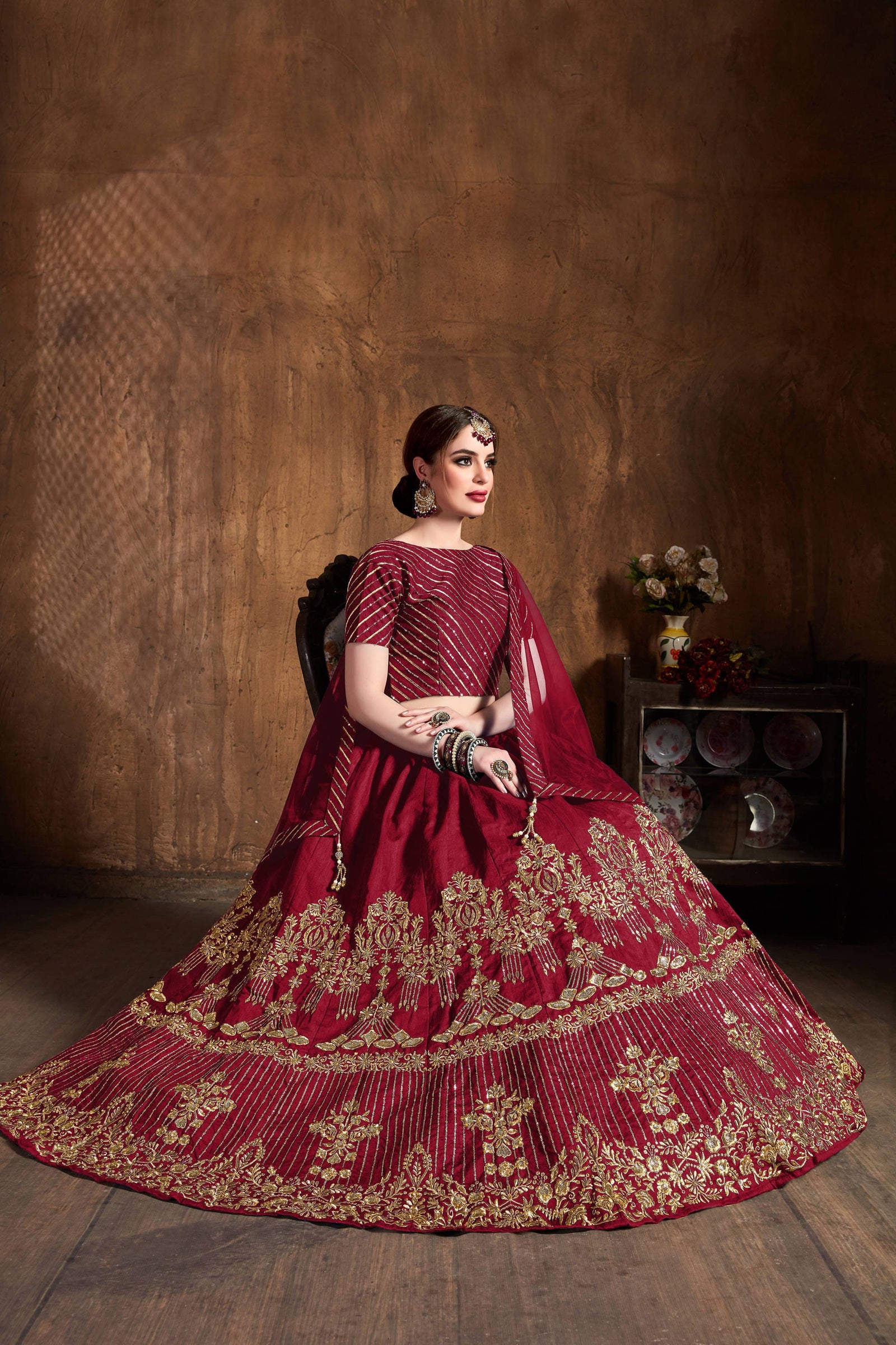 Ruby Red Art Silk Embroidered Lehenga Choli Set