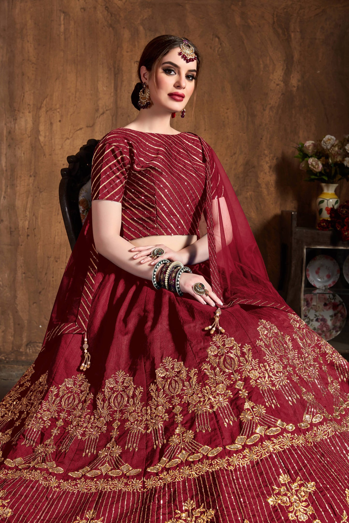 Ruby Red Art Silk Embroidered Lehenga Choli Set