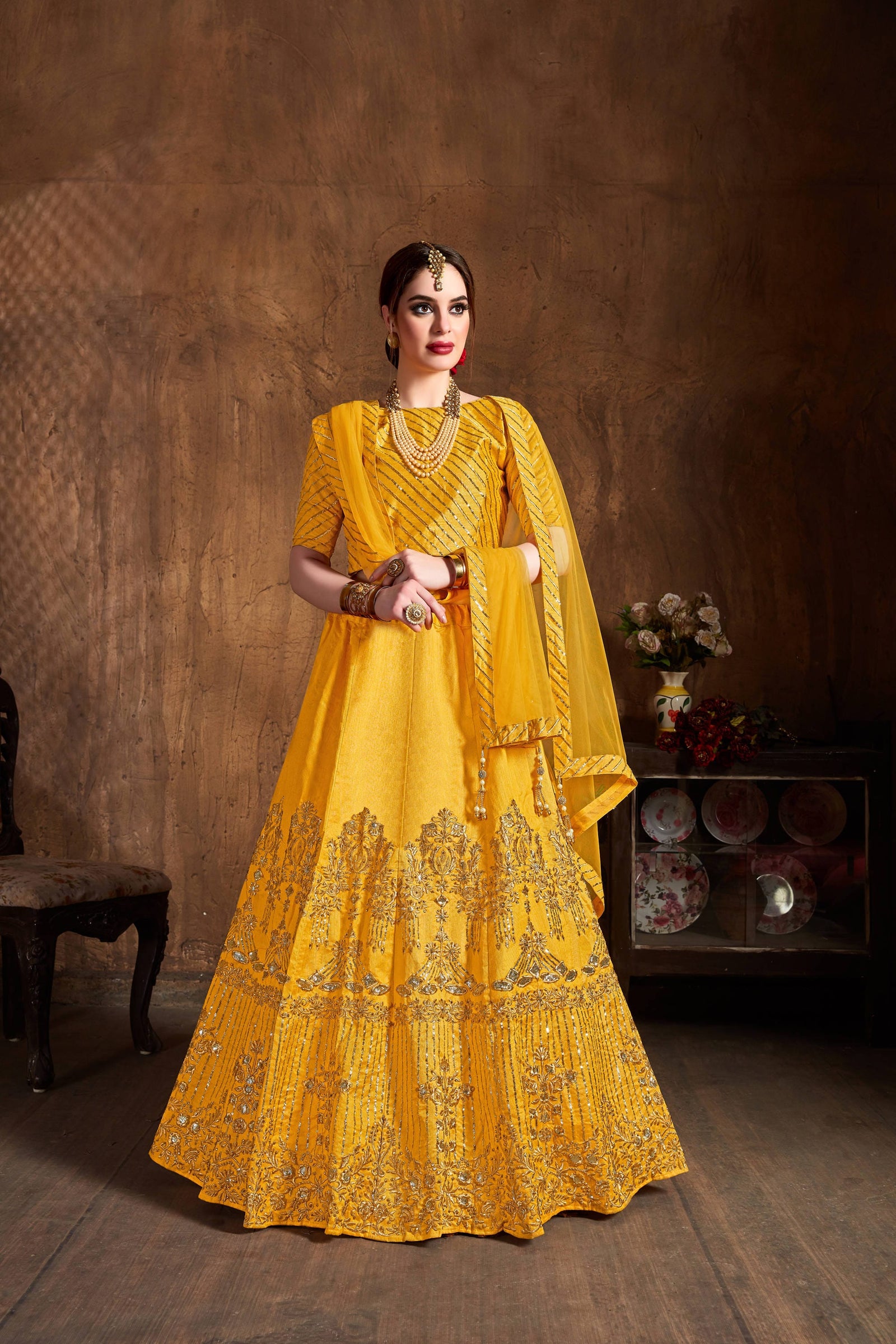 Yellow Art Silk Embroidered Lehenga Choli Set