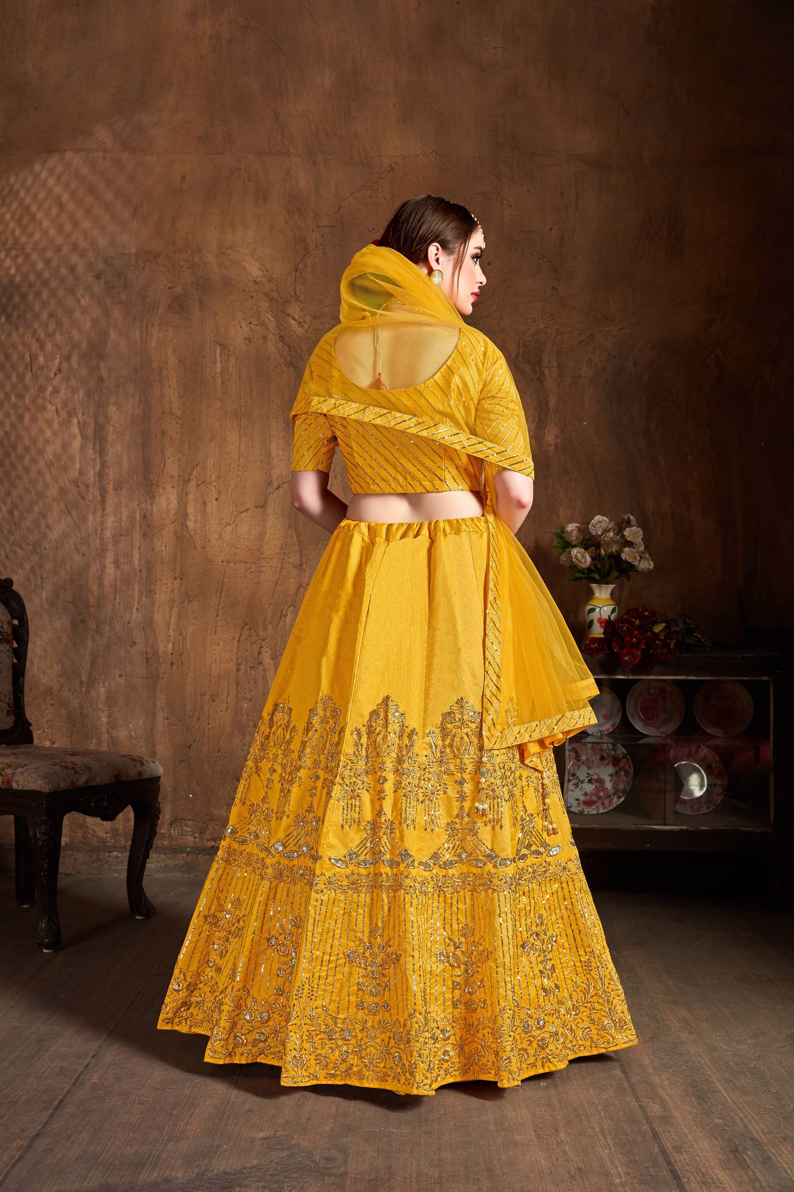 Yellow Art Silk Embroidered Lehenga Choli Set