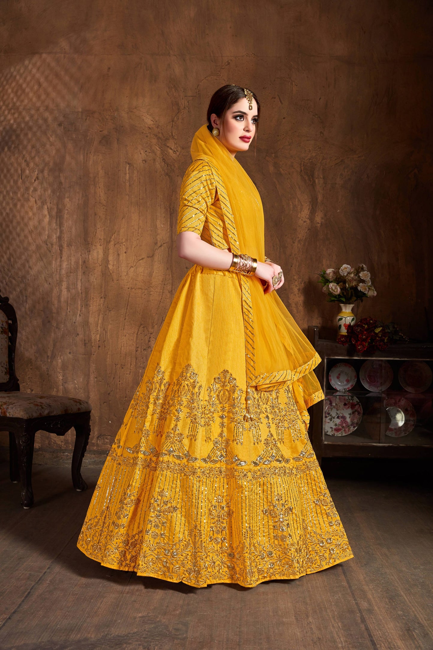 Yellow Art Silk Embroidered Lehenga Choli Set