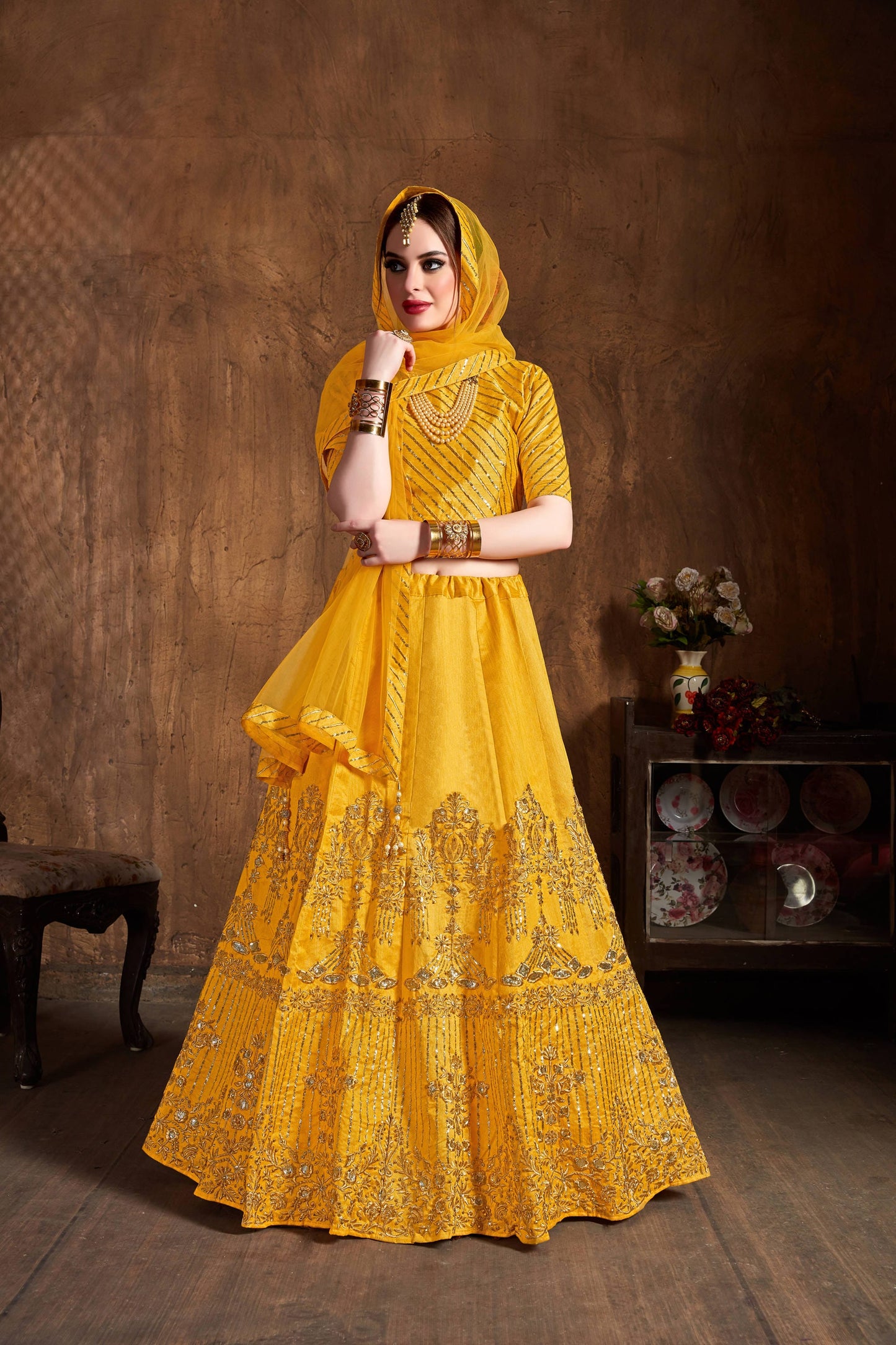Yellow Art Silk Embroidered Lehenga Choli Set
