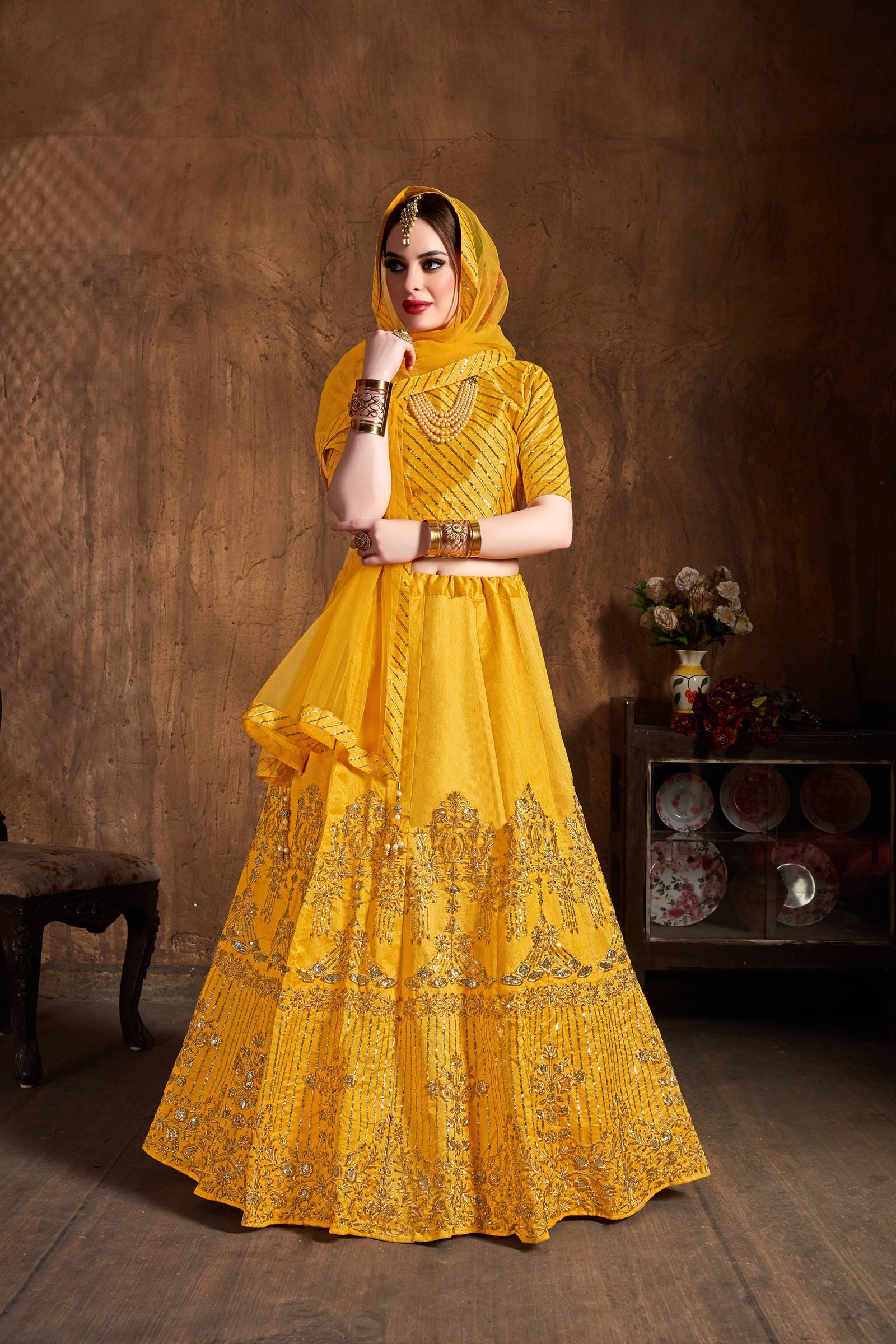 Yellow Art Silk Embroidered Lehenga Choli Set