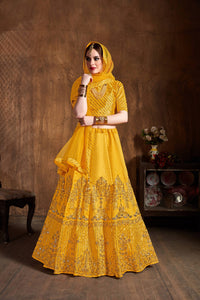 Yellow Art Silk Embroidered Lehenga Choli Set