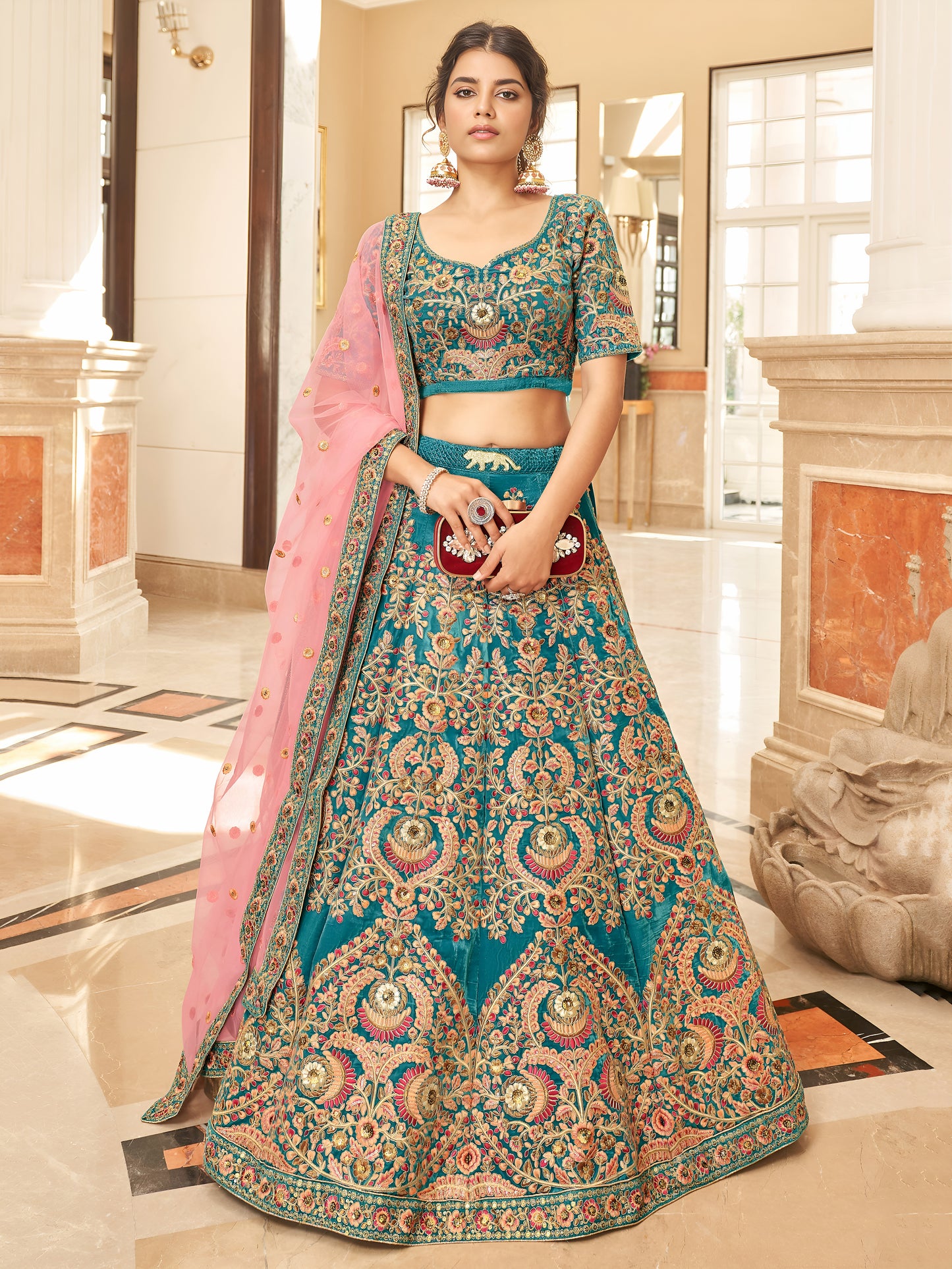 Teal Blue Velvet Embroidered Lehenga Set