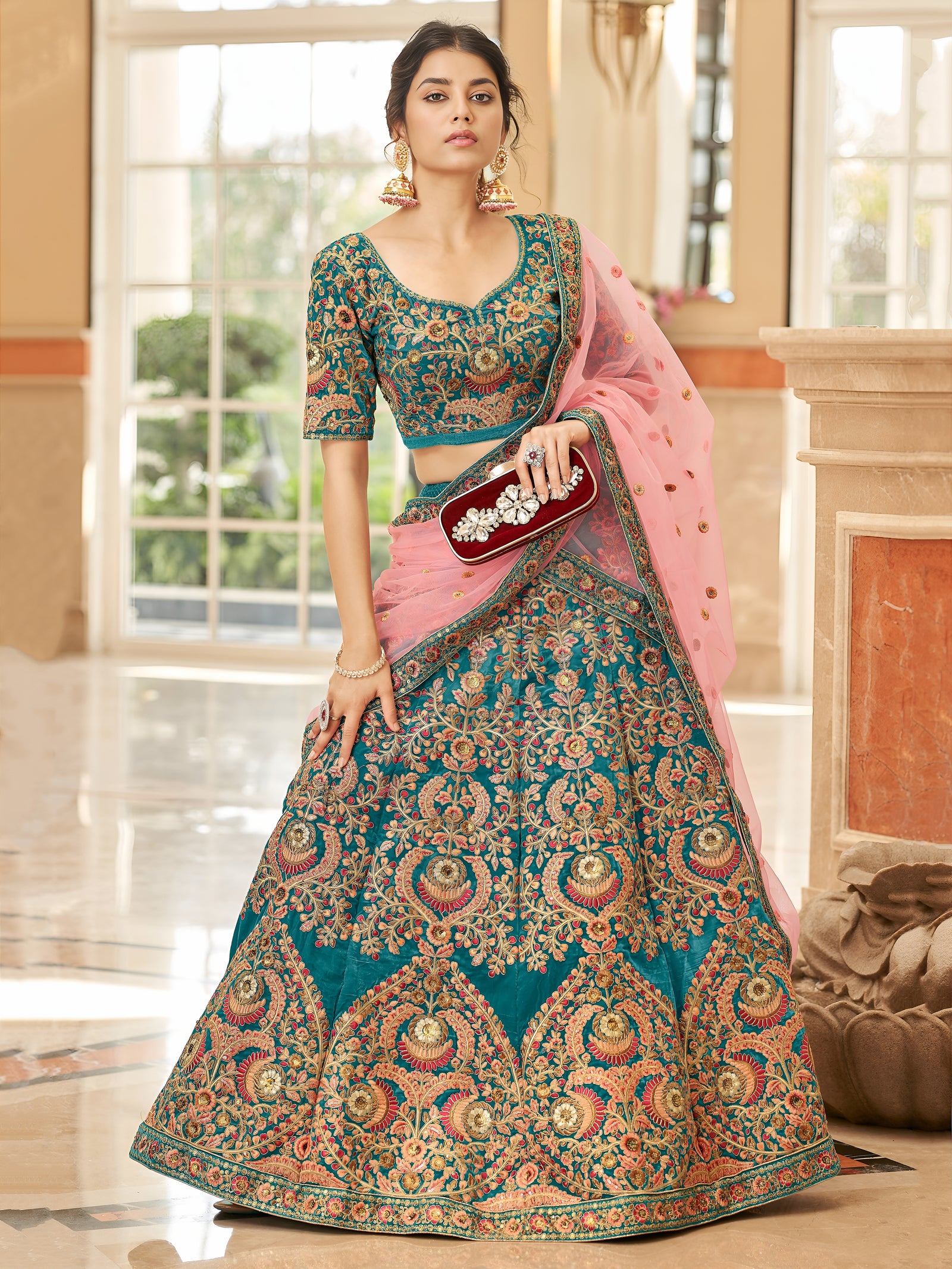Teal Blue Velvet Embroidered Lehenga Set