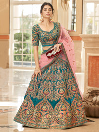 Teal Blue Velvet Embroidered Lehenga Set