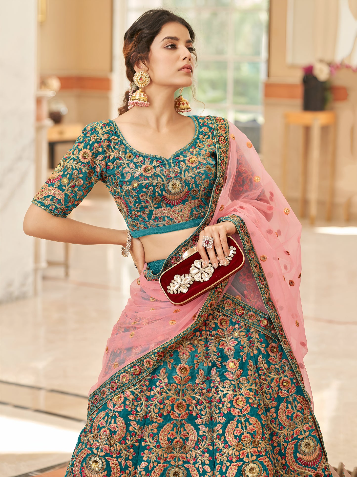 Teal Blue Velvet Embroidered Lehenga Set