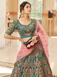 Teal Blue Velvet Embroidered Lehenga Set