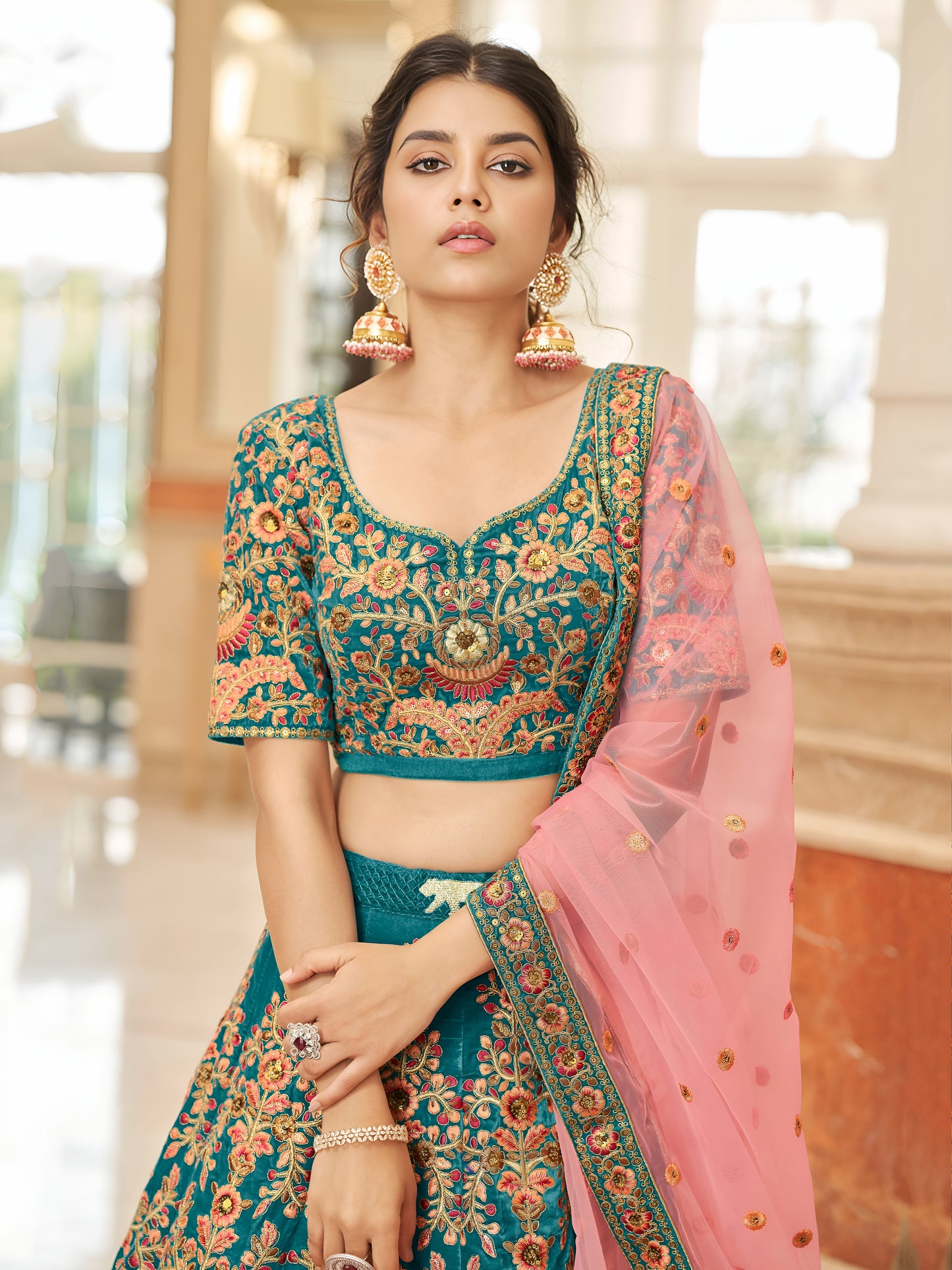Teal Blue Velvet Embroidered Lehenga Set