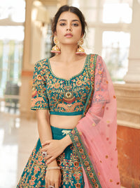 Teal Blue Velvet Embroidered Lehenga Set