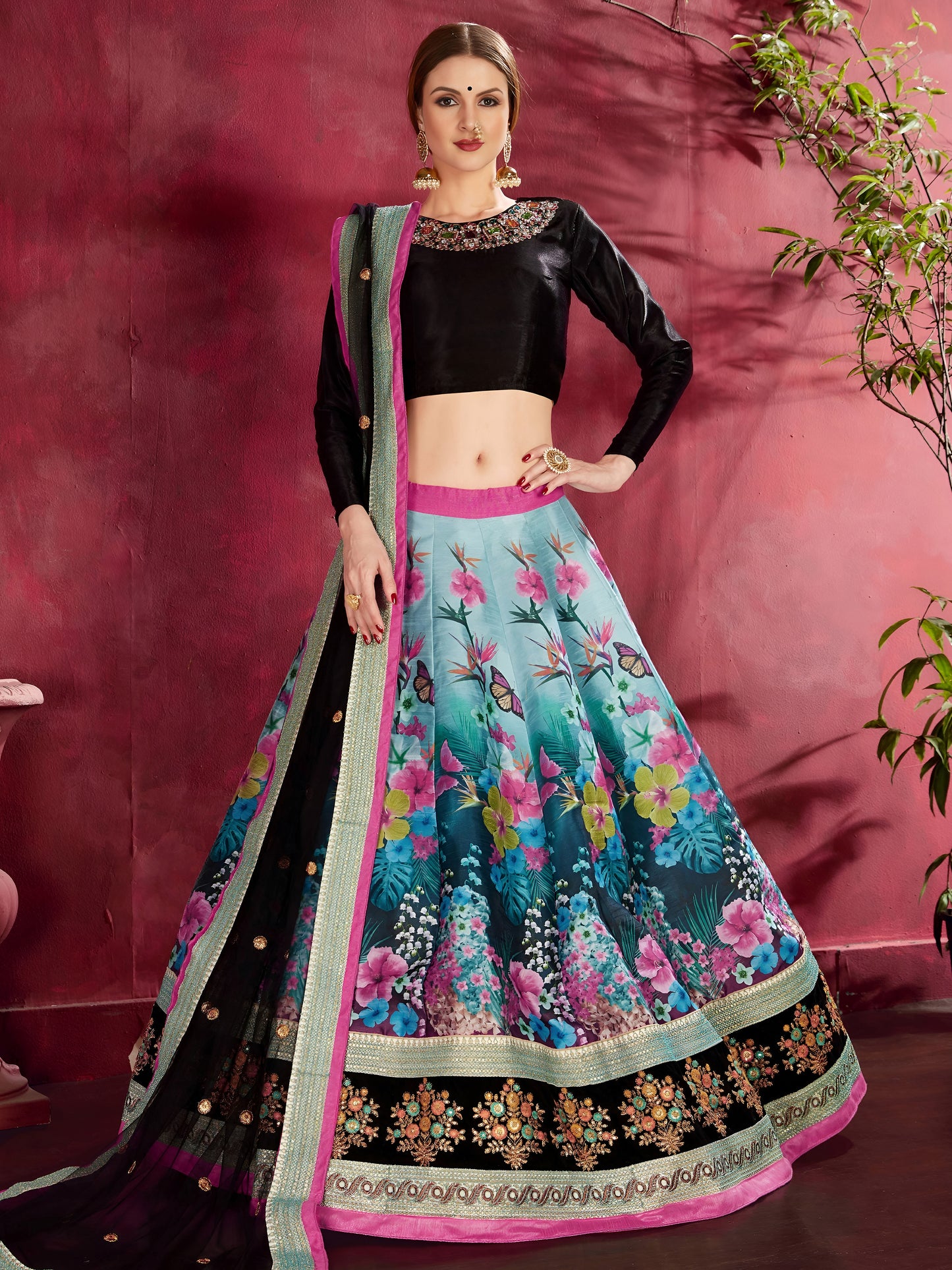 Midnight Bloom Printed Banglori Silk Lehenga Set