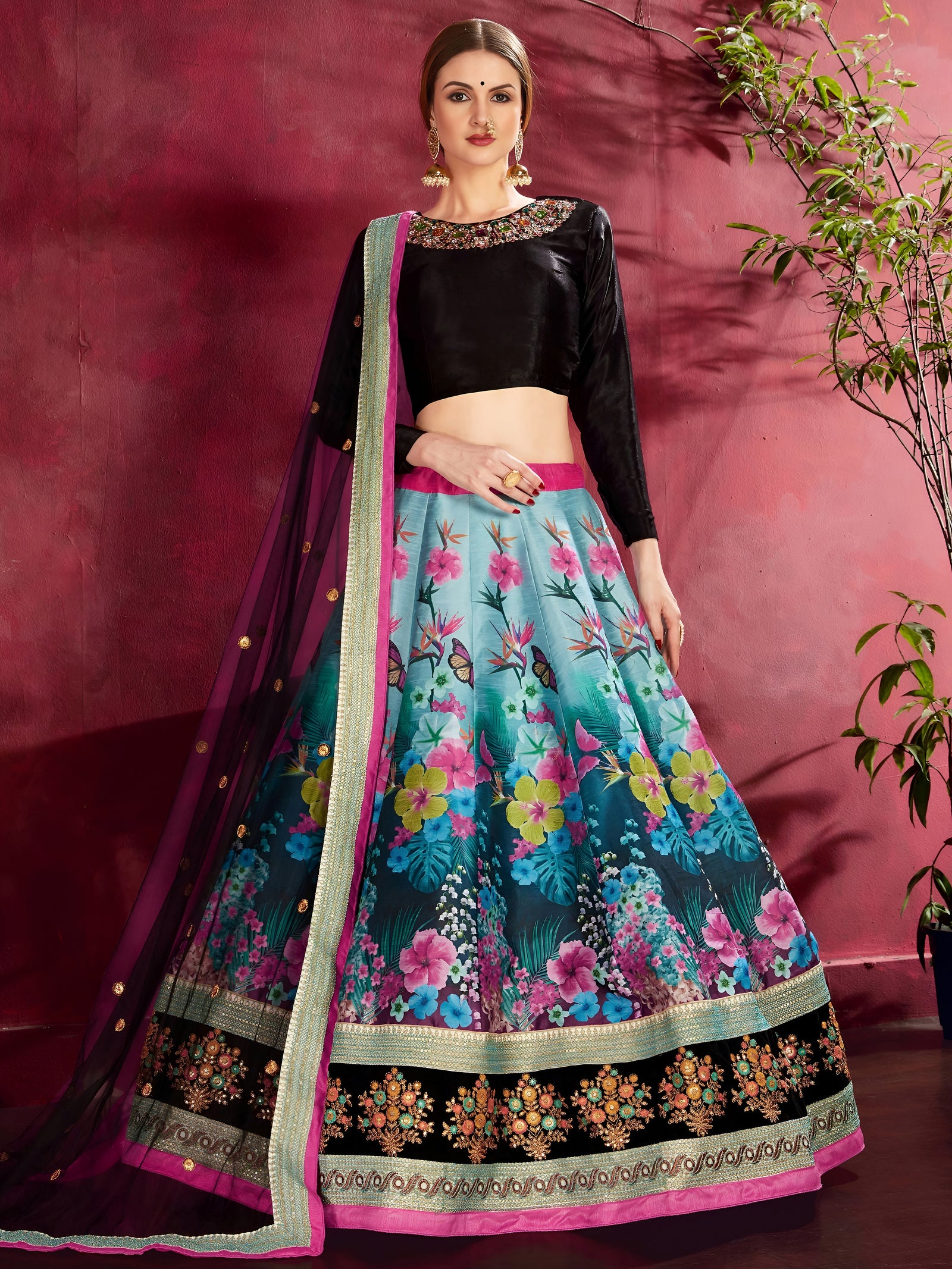 Midnight Bloom Printed Banglori Silk Lehenga Set