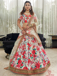 White & Red Art Silk Floral Lehenga Set