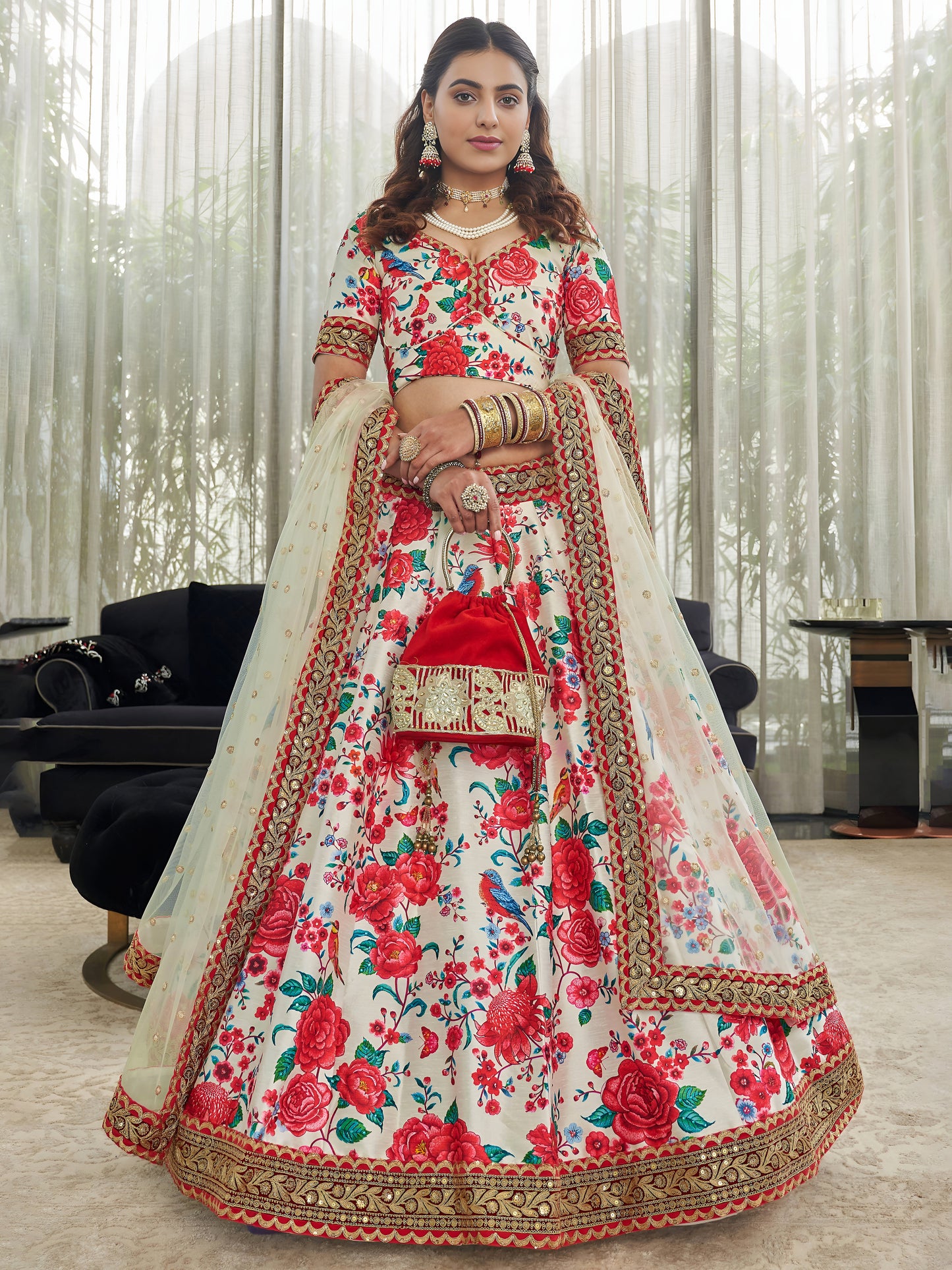 White & Red Art Silk Floral Lehenga Set